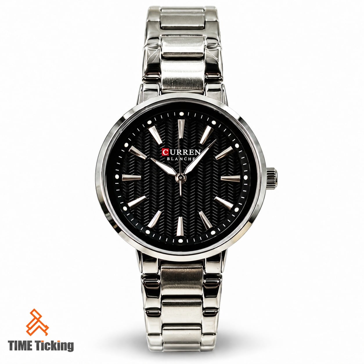 CURREN 9109 women's silver-tone watch featuring a black textured dial, silver-tone baton hour markers, minimalist hands, and a polished stainless steel bracelet.