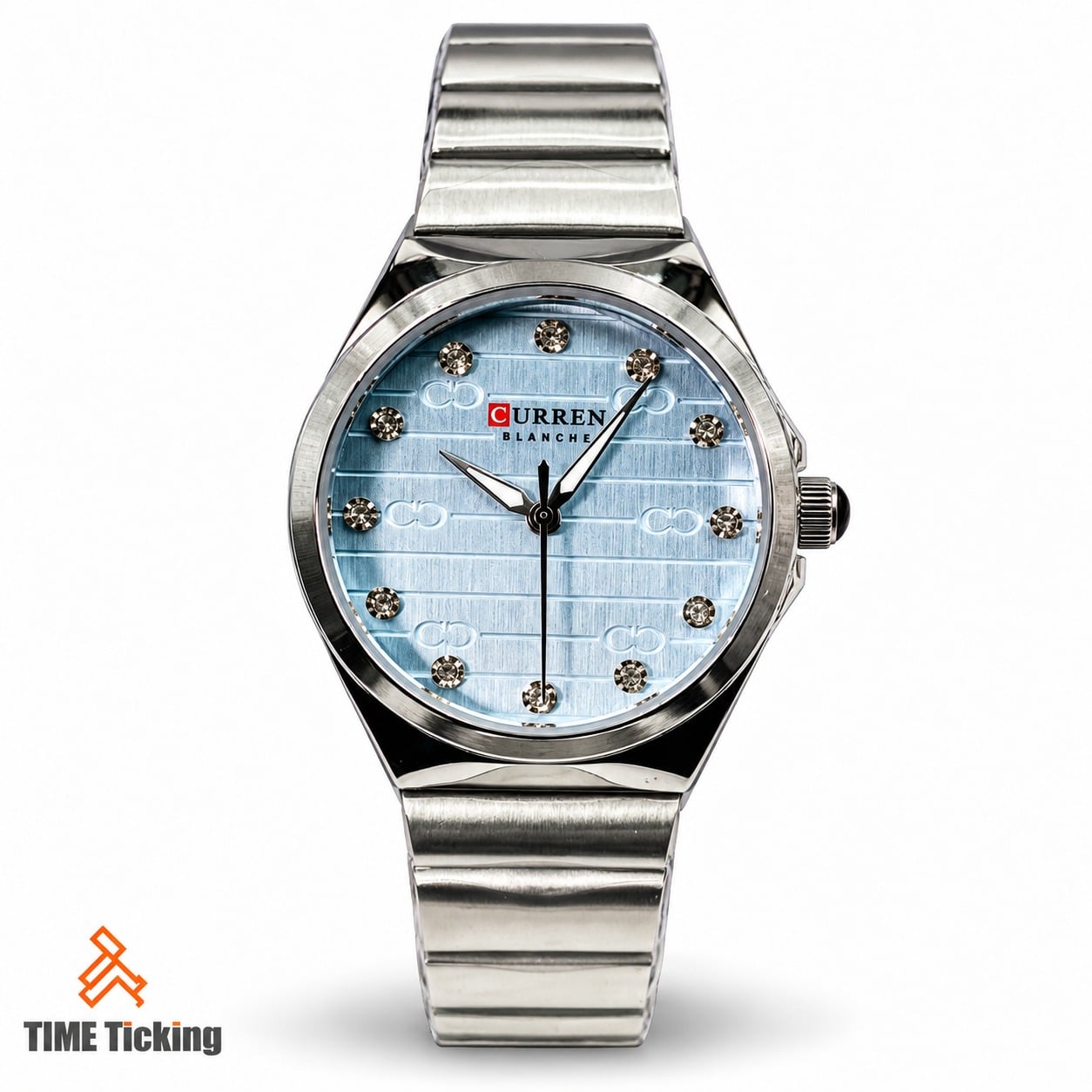 CURREN Blanche 9110 women's silver-tone wristwatch with light blue textured dial, crystal-style hour markers, and stainless steel bracelet