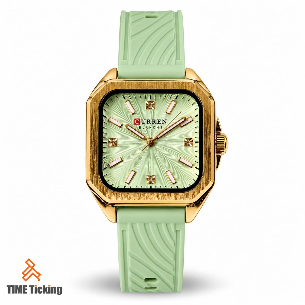 CURREN 9113 women's watch with a mint green silicone strap, gold-tone square case, textured green dial, and elegant gold-tone hour markers.