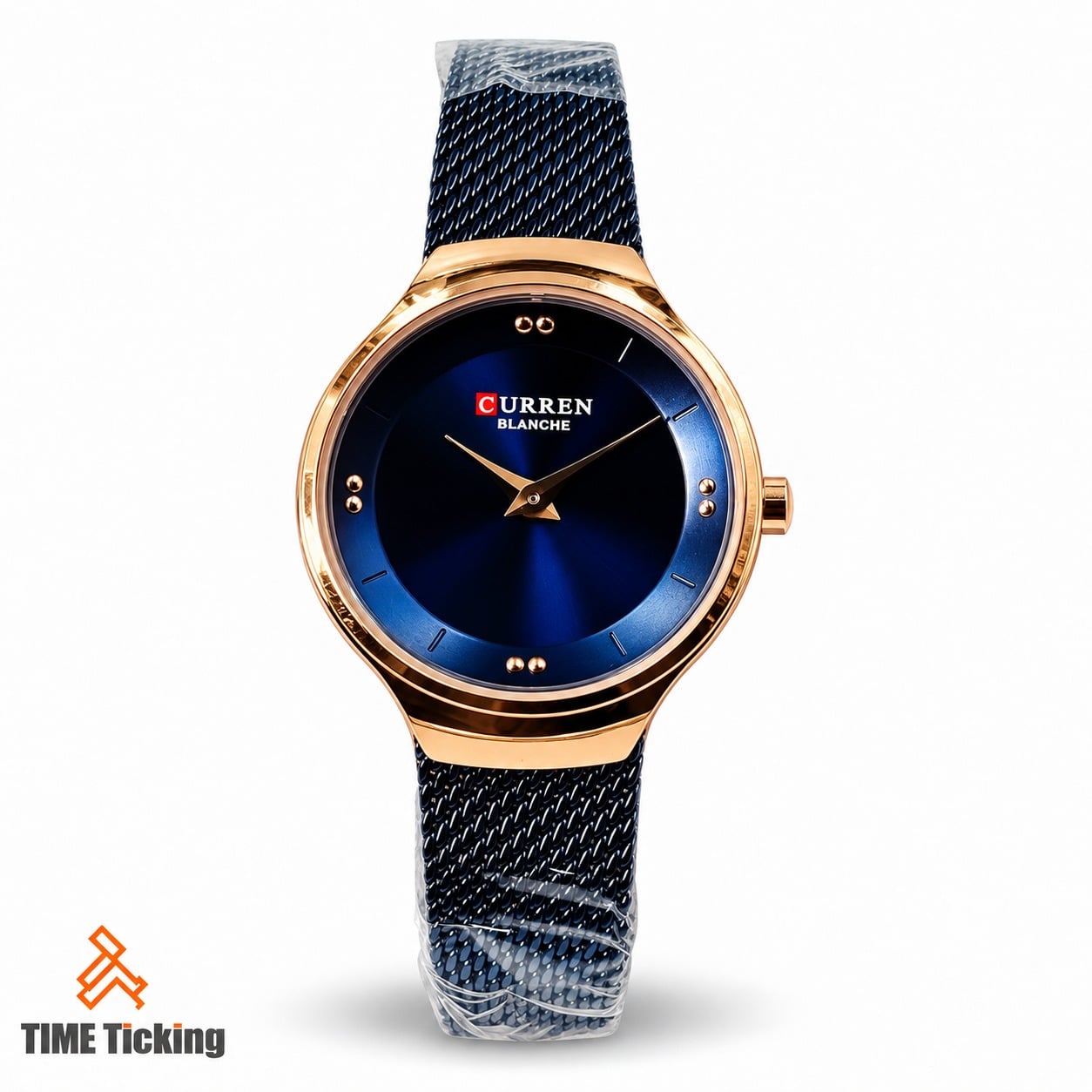 CURREN Blanche 9028 women's rose gold-tone watch with blue sunray dial and black mesh stainless steel strap