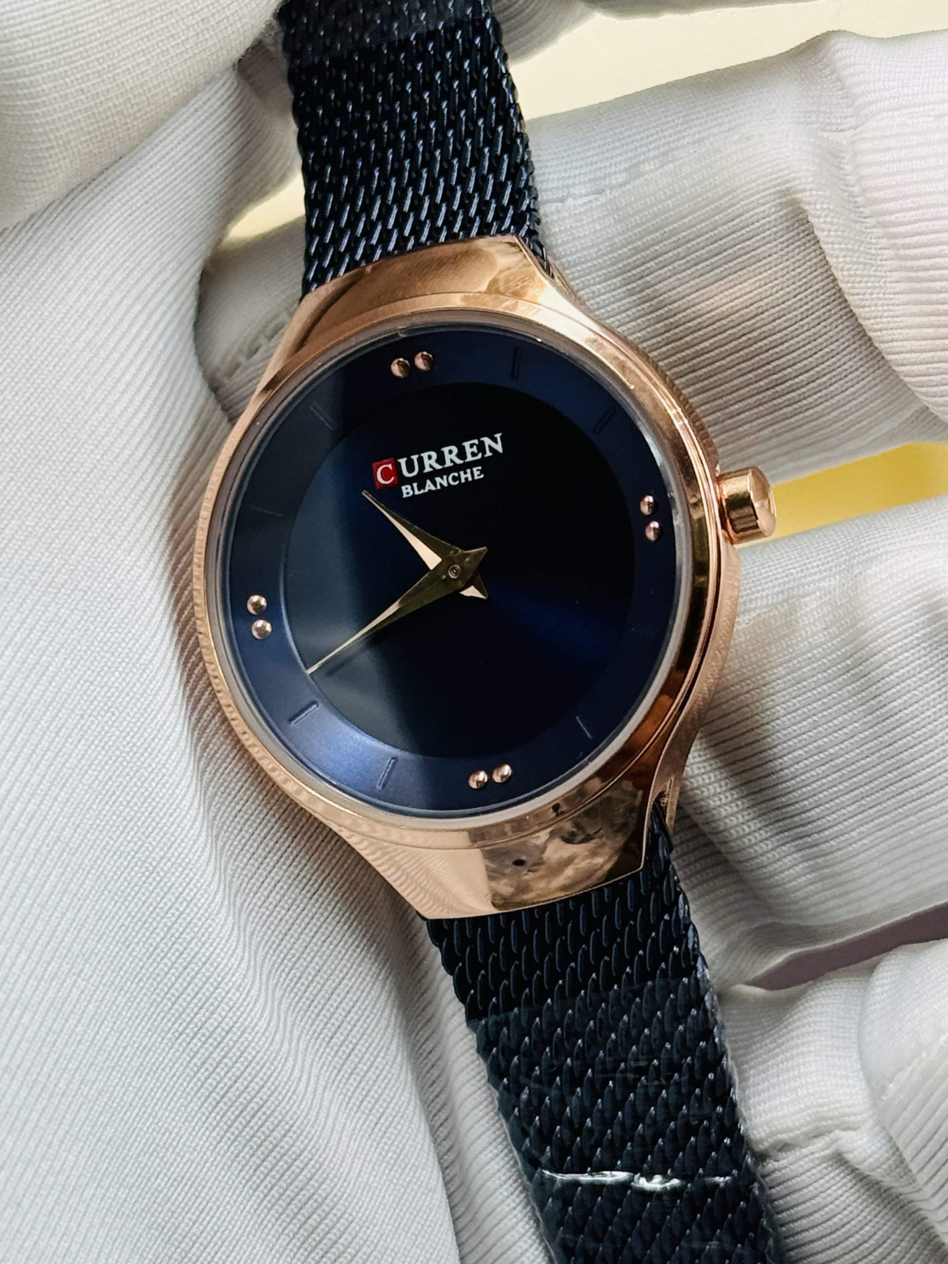 CURREN Blanche 9028 Women's Rose Gold Watch with Blue Sunray Dial and Black Mesh Strap | Time Ticking - Image 4