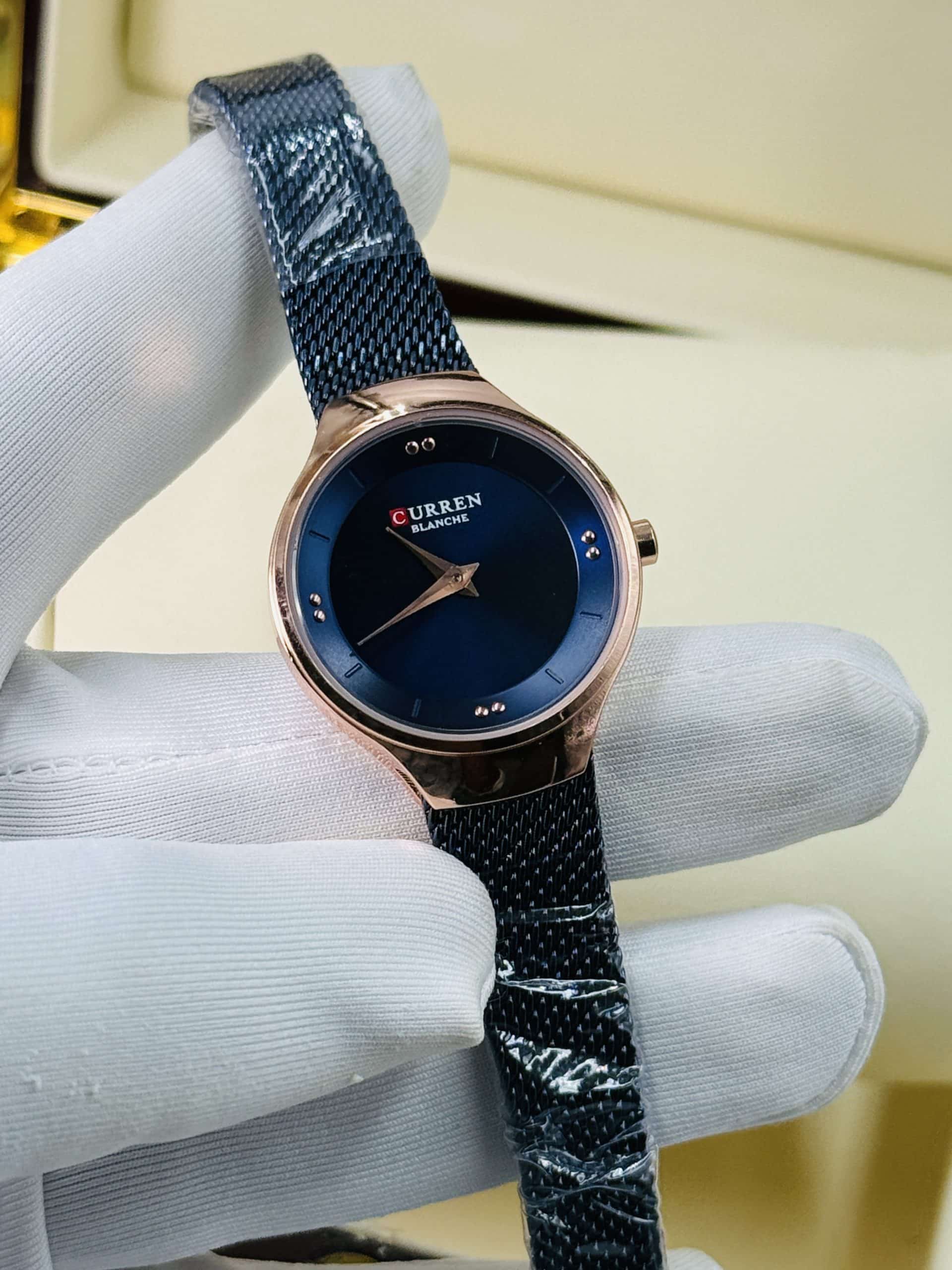 CURREN Blanche 9028 Women's Rose Gold Watch with Blue Sunray Dial and Black Mesh Strap | Time Ticking - Image 6