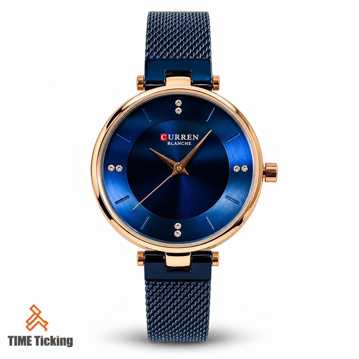 CURREN Blanche 9031 women's rose gold-tone watch with a blue sunray dial, crystal-style hour markers, and blue mesh strap
