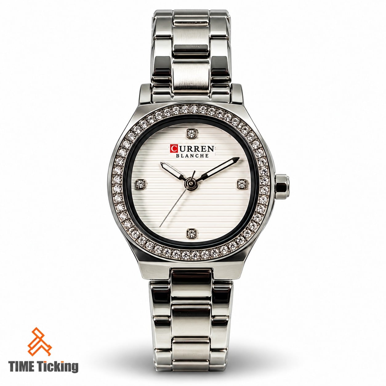 CURREN Blanche 9101 women's silver-tone watch with white textured dial, crystal-studded bezel, and stainless steel bracelet