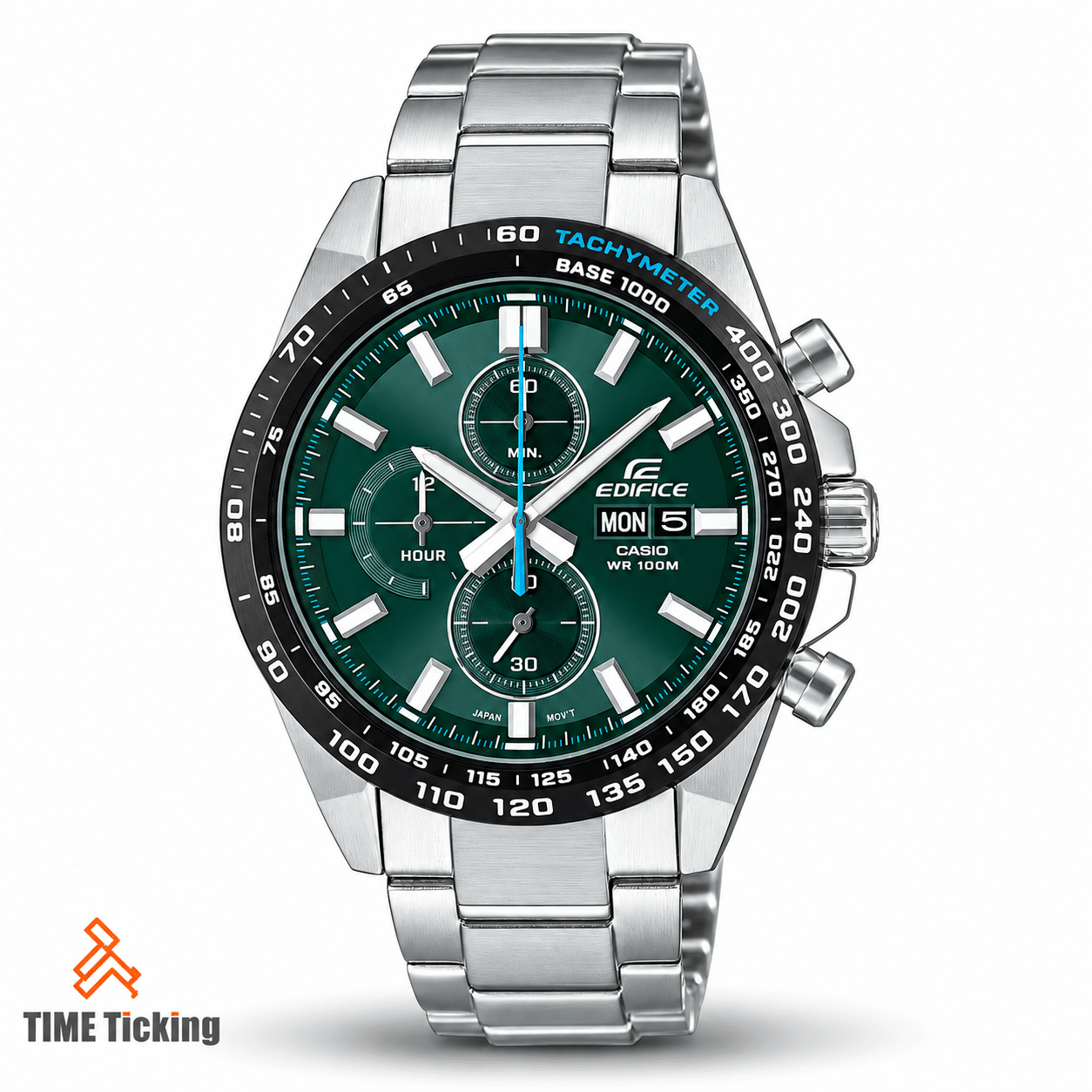 CASIO EDIFICE EFR-574DB-3AVUDF men's chronograph watch featuring a stainless steel case and solid metal bracelet, black ion-plated tachymeter bezel, analog dial with three sub-dials, and day and date display.
