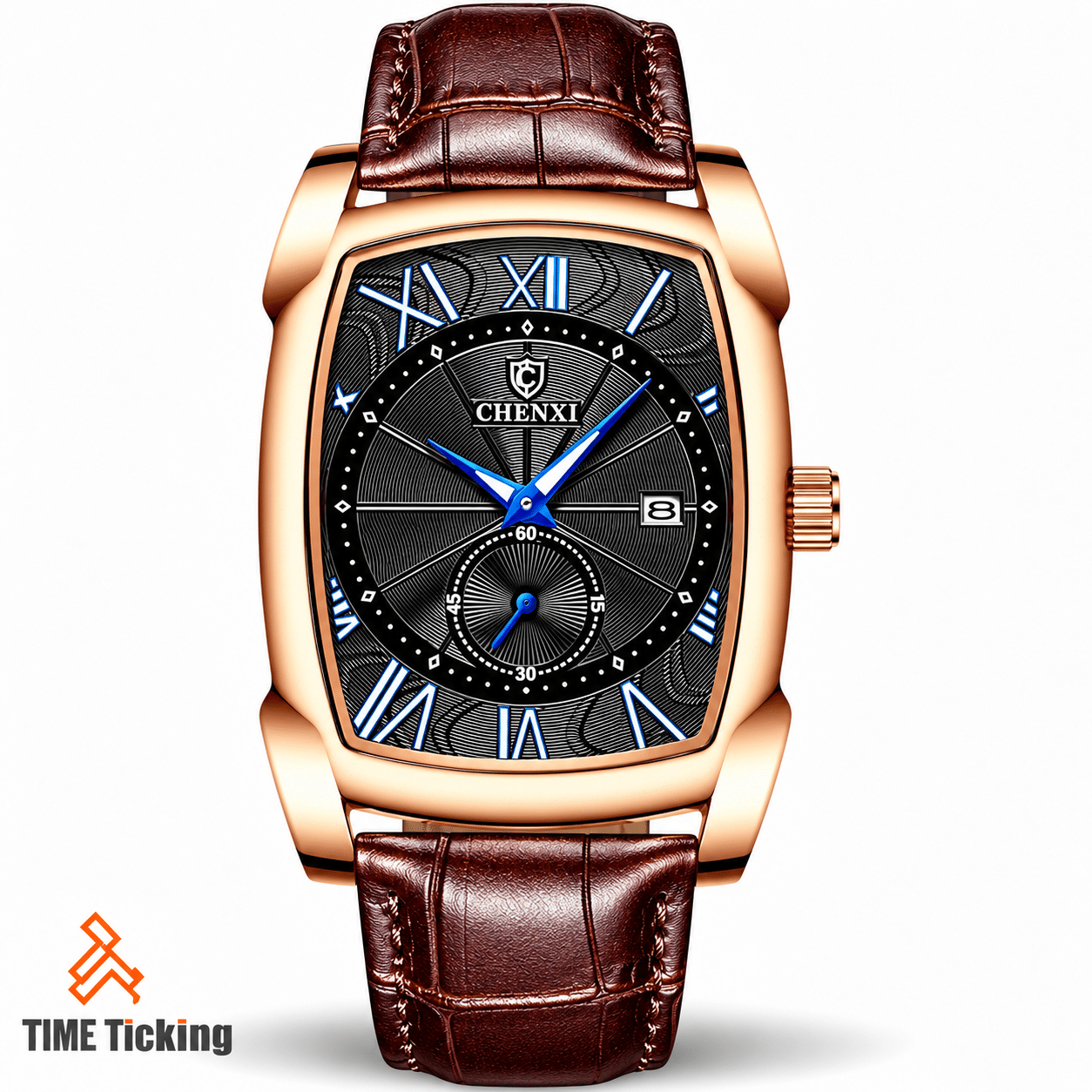 Chenxi CX-8209 men's quartz watch with black dial, brown leather-style band, rose gold case, and 22 mm band width.