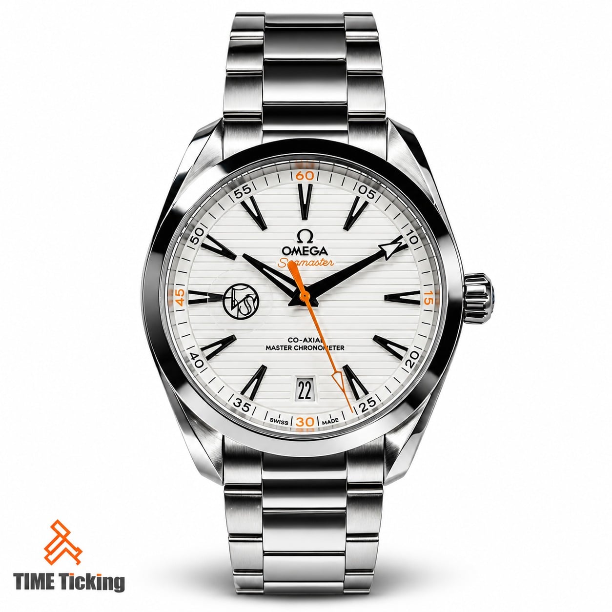 OMEGA Seamaster Aqua Terra 150M-style men's watch featuring a silver horizontal-pattern dial, black hour markers, orange seconds hand, date window at 6 o'clock, polished silver-tone case, and stainless steel bracelet.