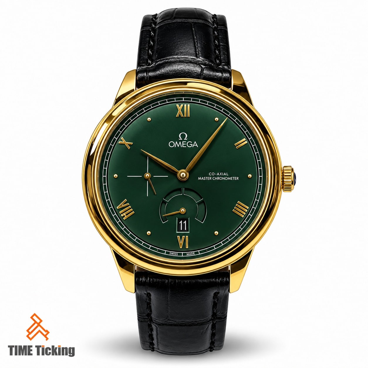 OMEGA De Ville Prestige-inspired men's dress watch featuring a deep green dial, gold-tone round case, Roman numeral hour markers, power reserve-style indicator, small seconds display, date window at 6 o’clock, and black leather-style strap.