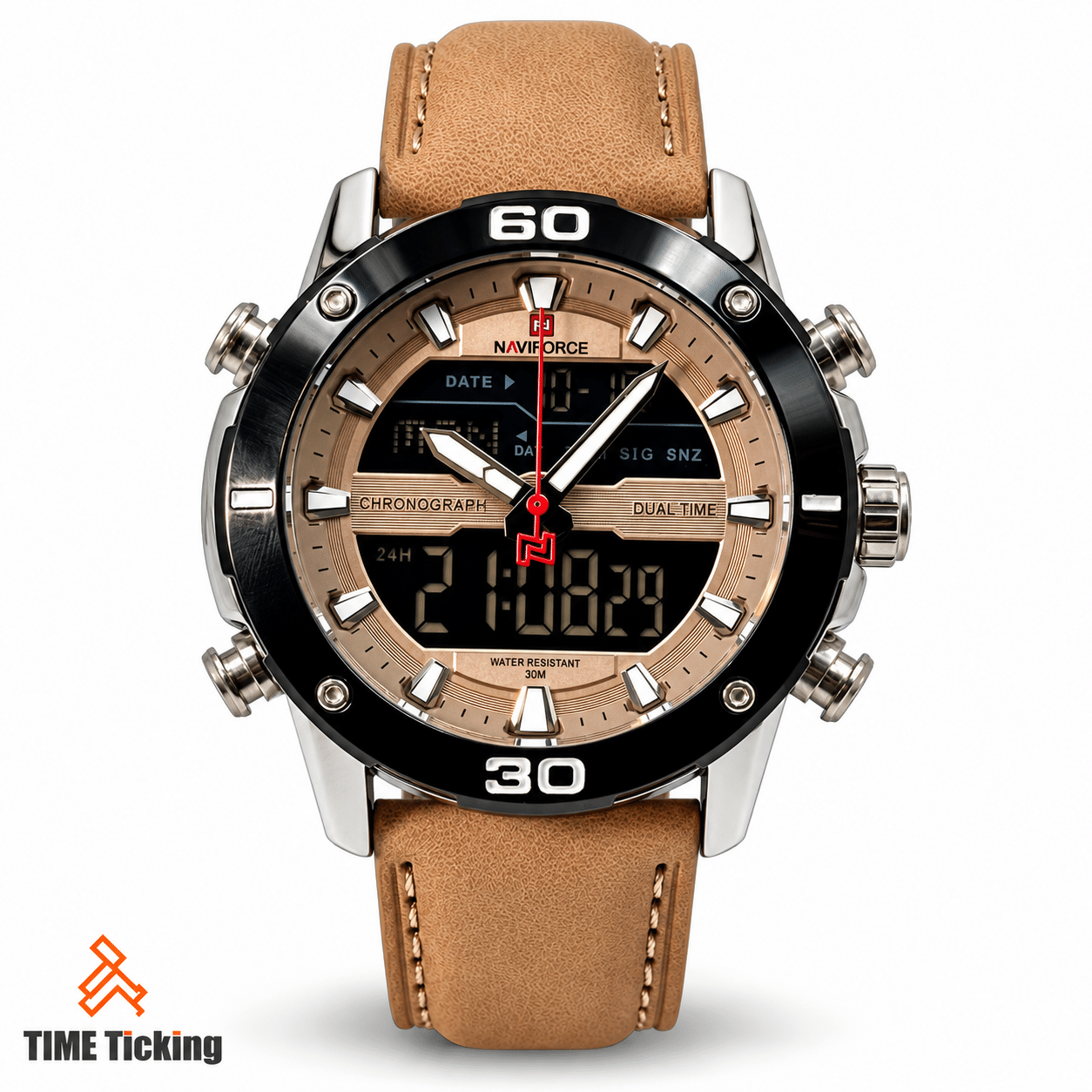 NAVIFORCE 9294 L men's dual display watch with beige leather-style strap, rose-gold-tone dial, silver case, black bezel, red seconds hand, and digital display.