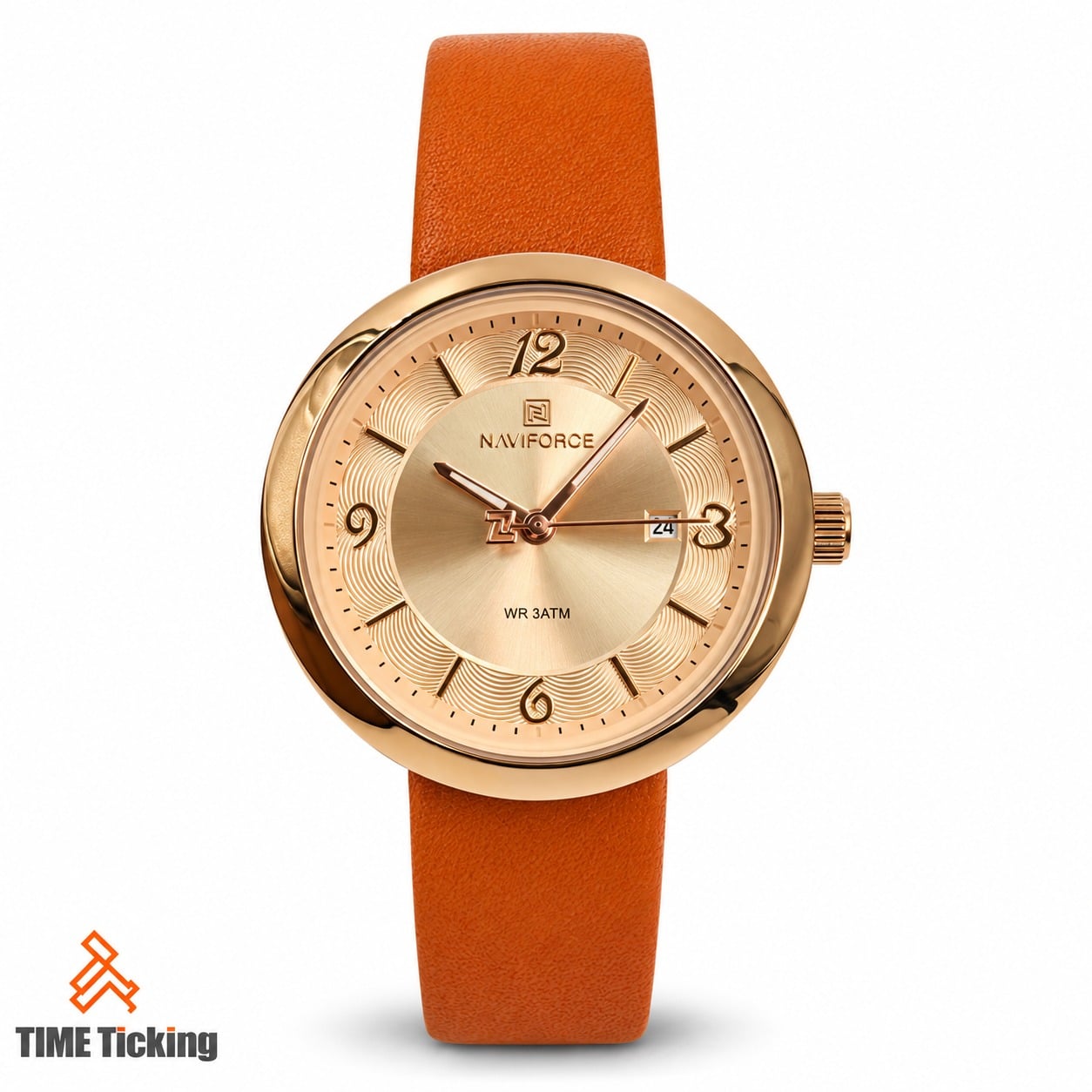 NAVIFORCE NF5076 women's watch featuring a rose gold-tone round case, champagne gold textured dial, Arabic numerals at 12, 3, 6, and 9, date window, and orange brown leather strap.
