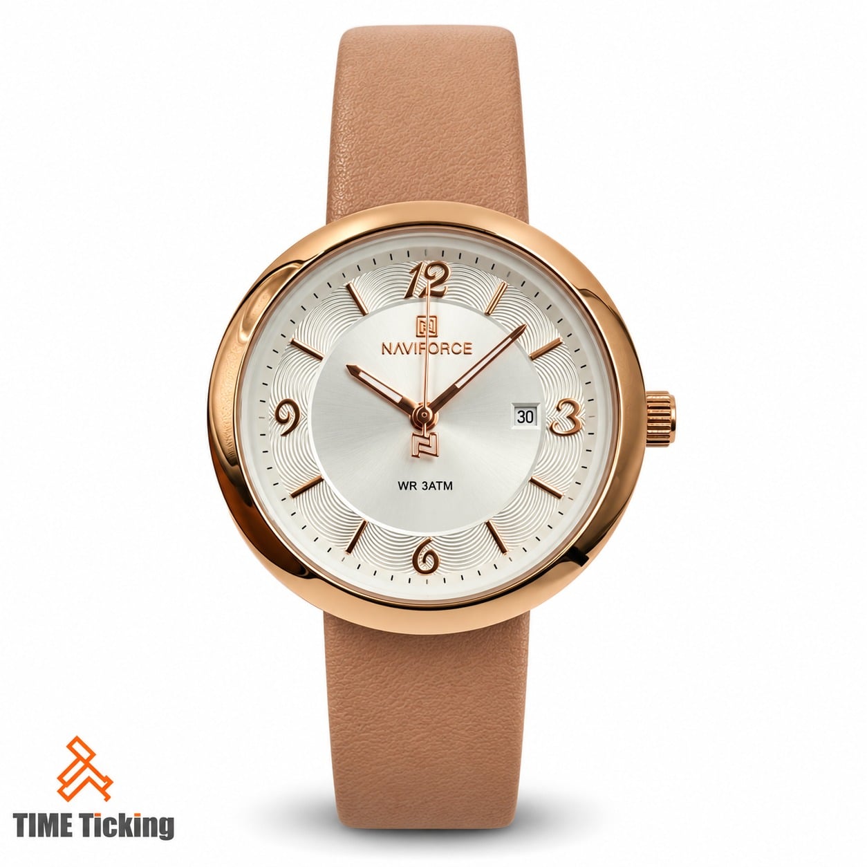 NAVIFORCE NF5076 women's watch featuring a white textured dial, rose gold-tone case and numerals, beige leather strap, and date display at the 3 o'clock position.