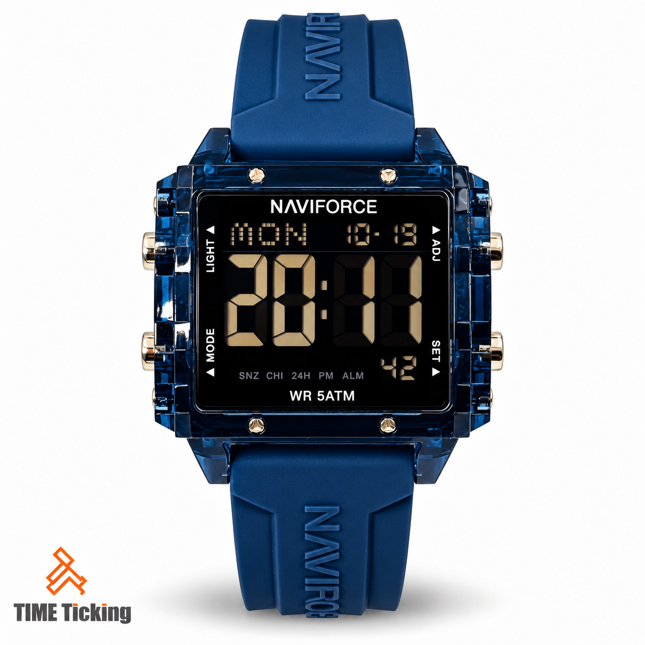 NAVIFORCE NF7101 blue digital wristwatch with square black LCD display, blue silicone strap, transparent-style dark case and gold-tone accents.