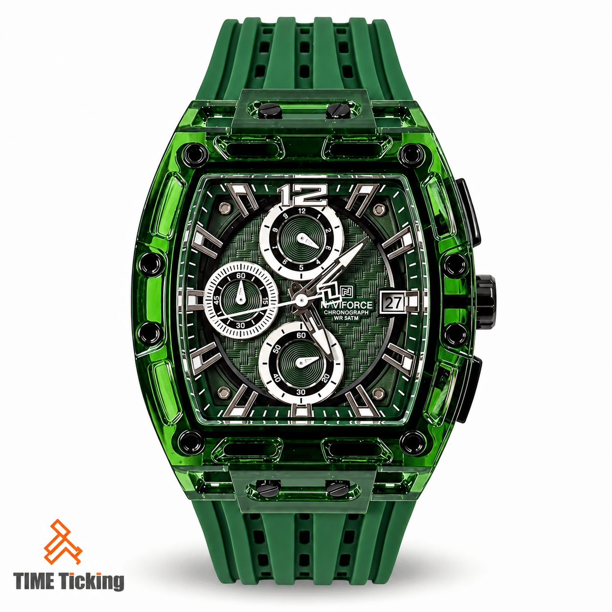 NAVIFORCE NF7105 men's green transparent sports watch with tonneau-shaped case, textured black dial, three subdials, date display and green silicone strap.