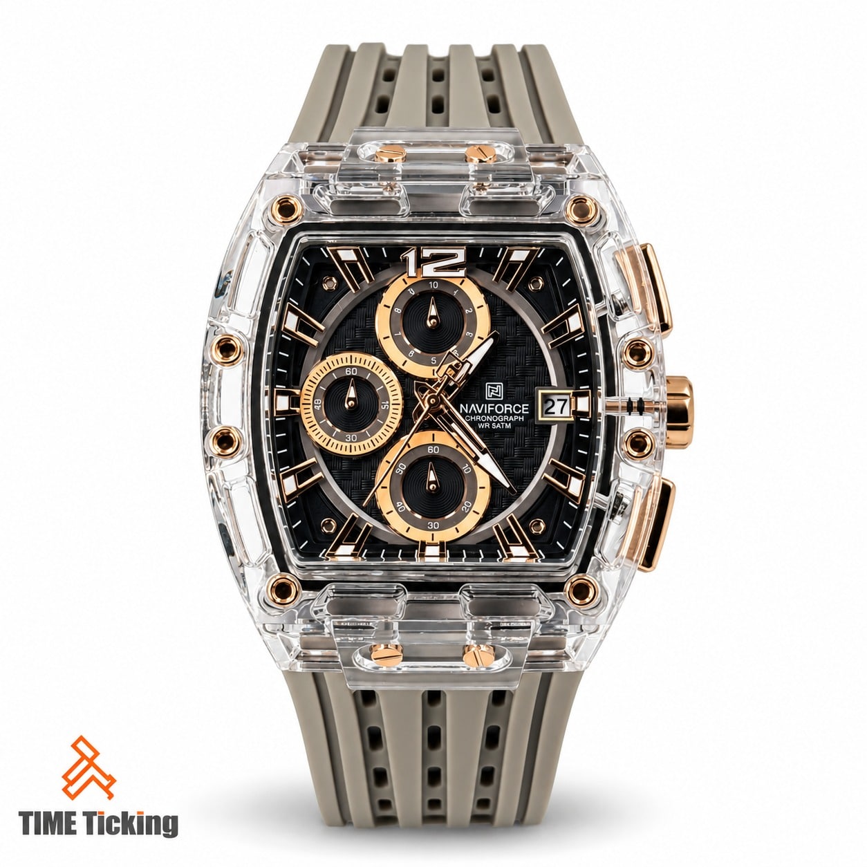NAVIFORCE NF7105 men's chronograph watch featuring a transparent tonneau-shaped case, black textured dial, rose gold-tone subdials and buttons, grey ventilated silicone strap, and date display.