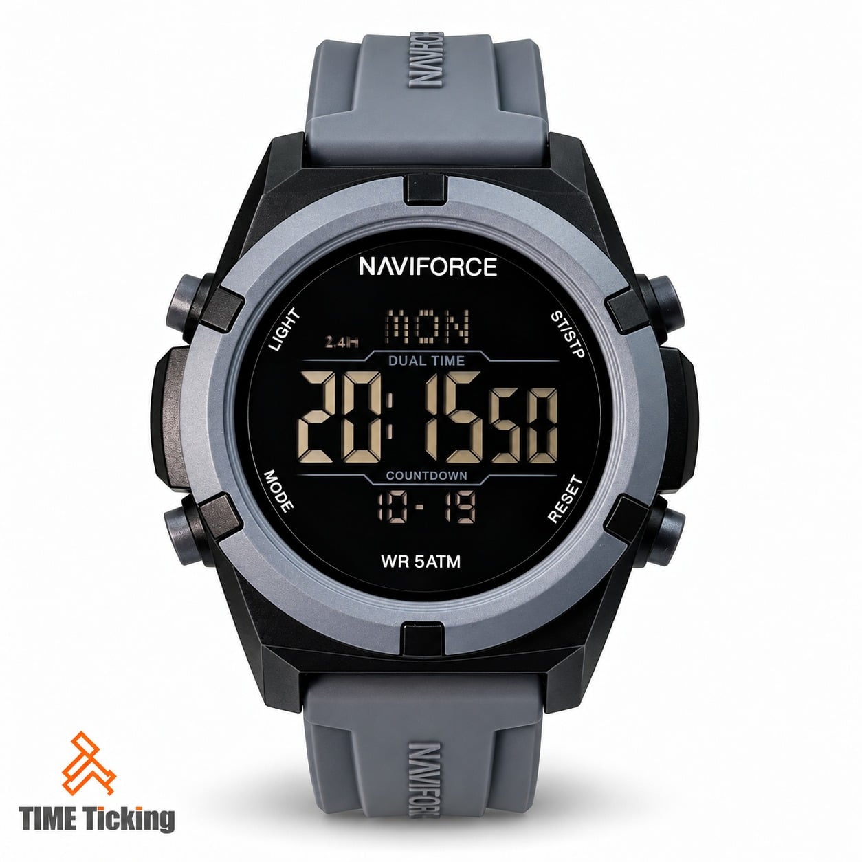 NAVIFORCE NF7127 men's digital sports watch featuring a black digital display, grey bezel and silicone strap, large LCD numerals, dual-time function, and countdown timer.