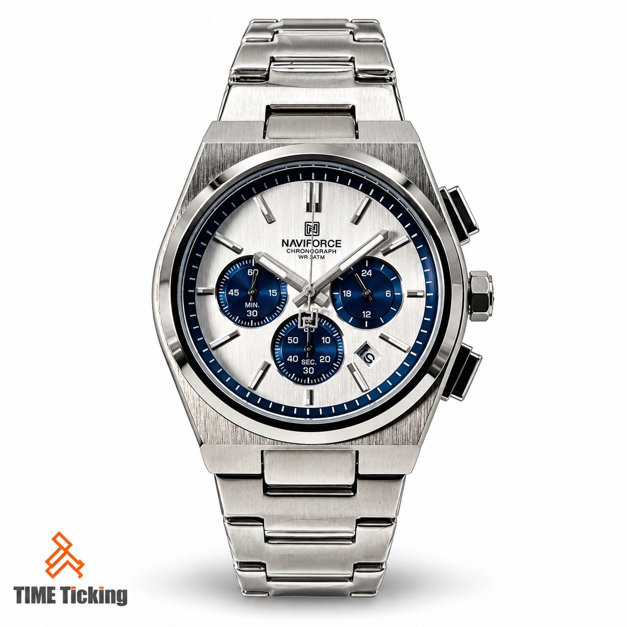 NAVIFORCE NF8048 men's chronograph watch featuring a silver-tone stainless steel bracelet, brushed silver-white dial, three blue subdials, dark blue inner bezel, luminous-style hands and markers, and date display.
