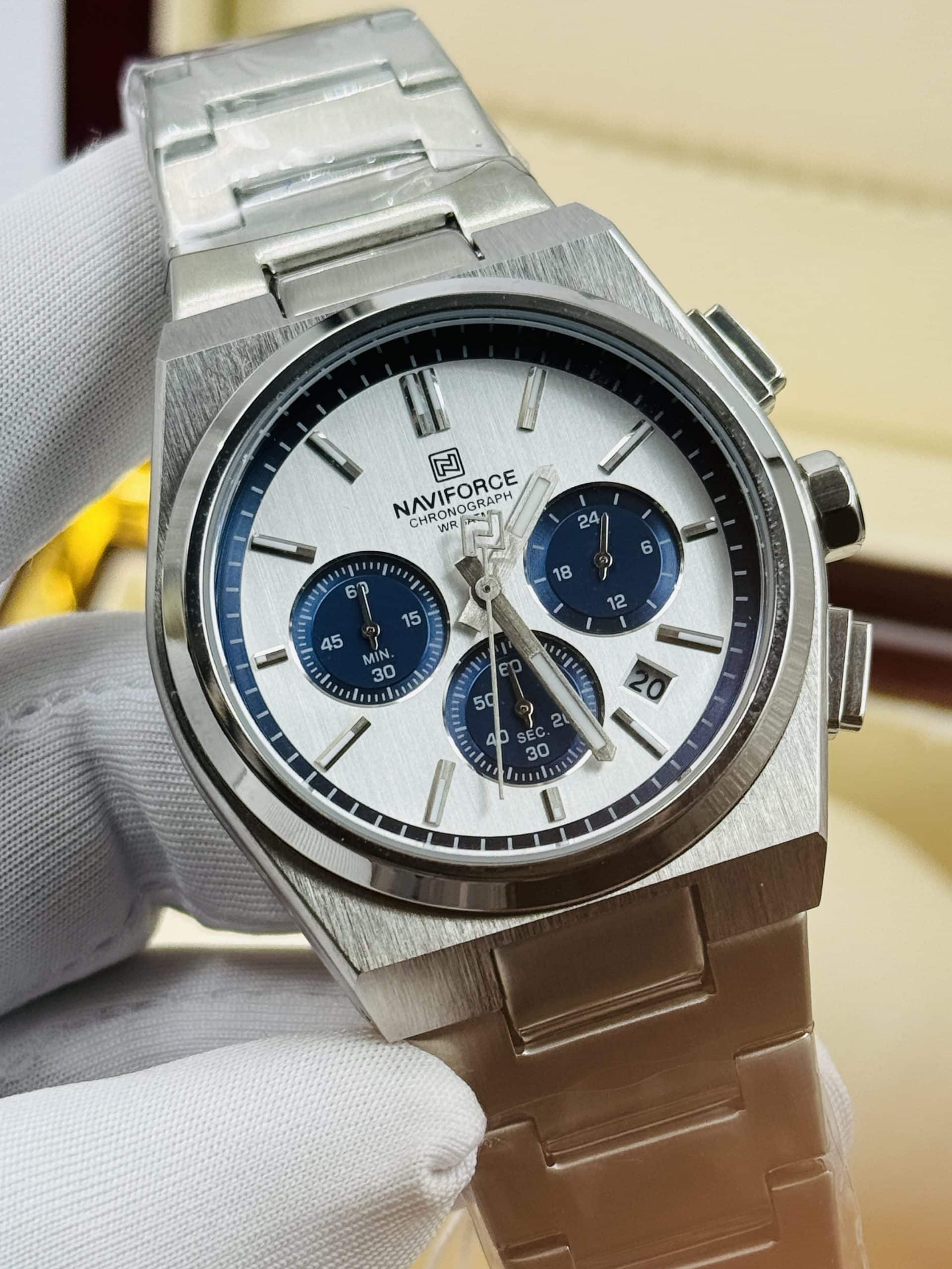 NAVIFORCE NF8048 Men's Silver Chronograph Watch with White Dial & Blue Subdials | Time Ticking - Image 3
