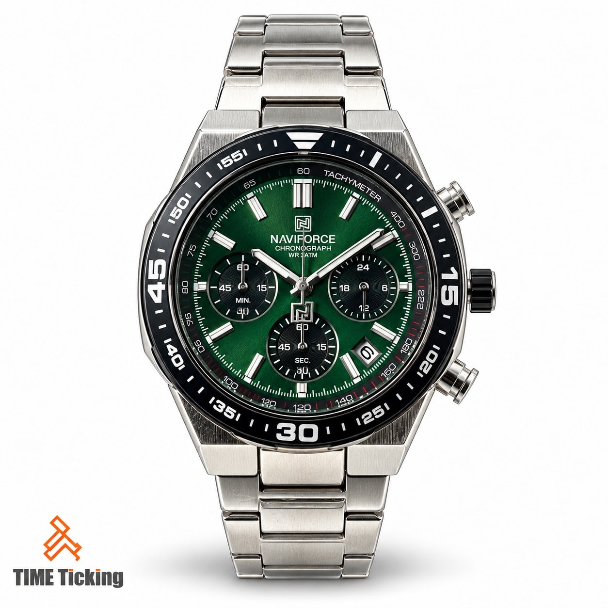 NAVIFORCE NF8049 men's chronograph watch featuring a dark green sunray dial, silver-tone stainless steel bracelet, black tachymeter bezel, three subdials, luminous-style hands, and date display.
