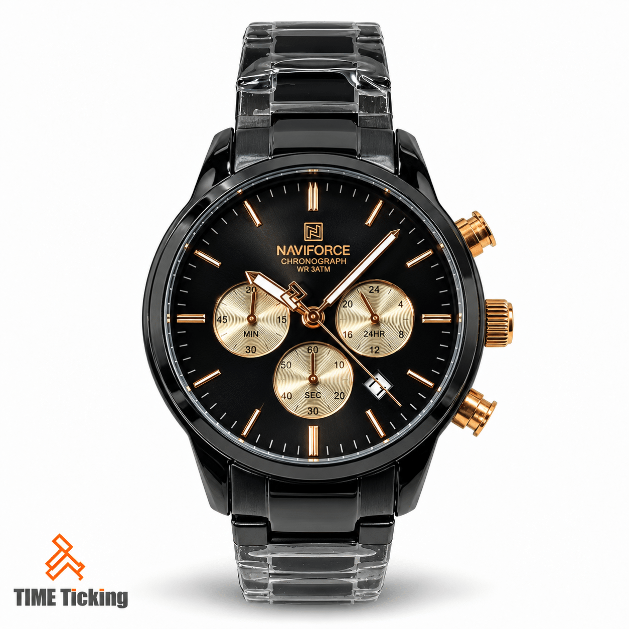 NAVIFORCE NF8076 men's black chronograph-style wristwatch with gold-tone subdials, rose-gold accents, black metal bracelet and date display.