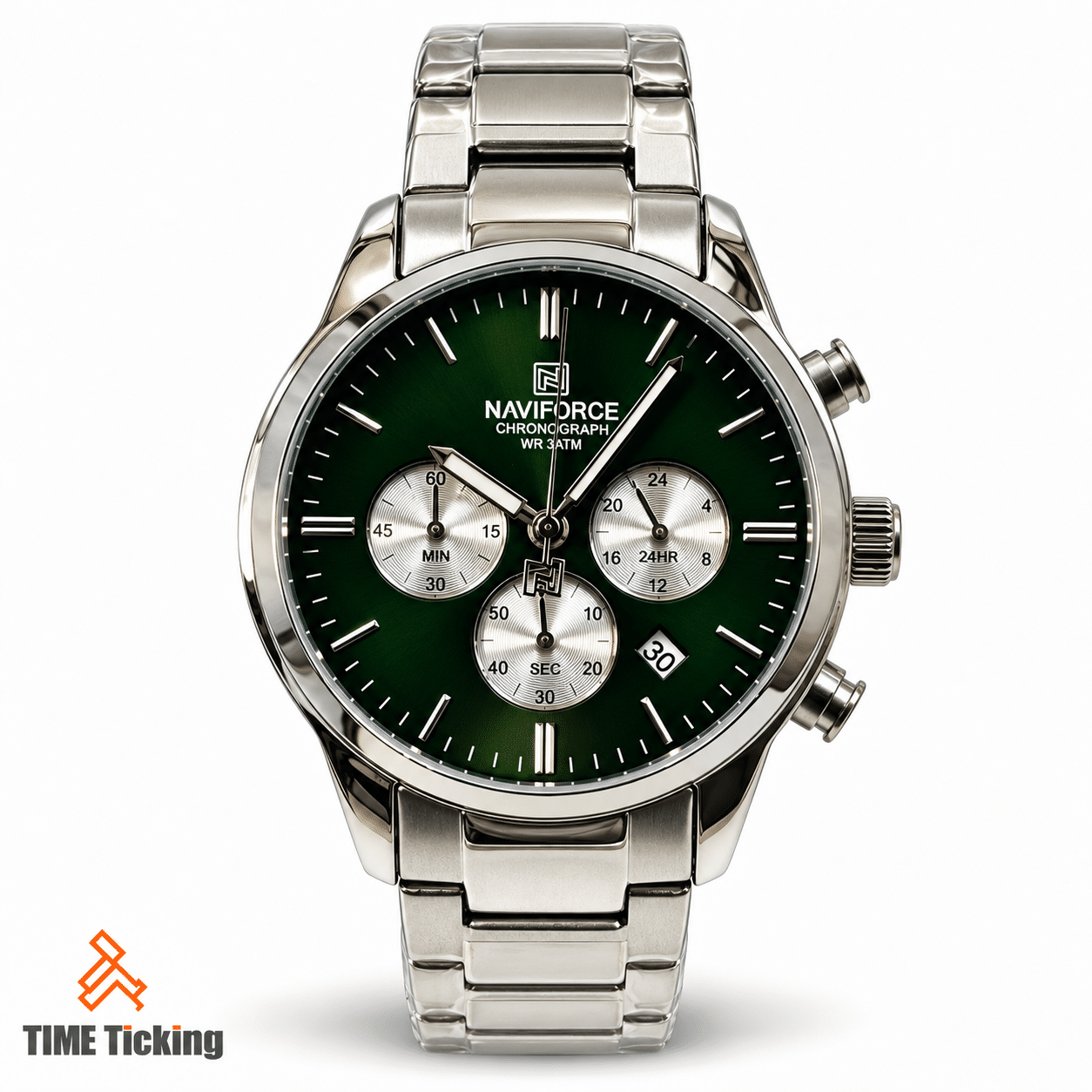 NAVIFORCE NF8076 men's silver and green wristwatch with dark green dial, three silver-tone subdials, stainless steel bracelet and date display.