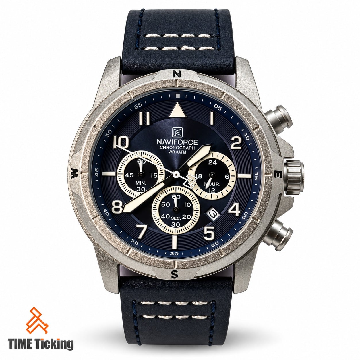 NAVIFORCE NF8077 men's chronograph watch featuring a dark blue dial, silver-tone rugged case, three cream-accented subdials, luminous-style hands, date display, compass-style bezel markings, and a navy blue stitched leather strap
