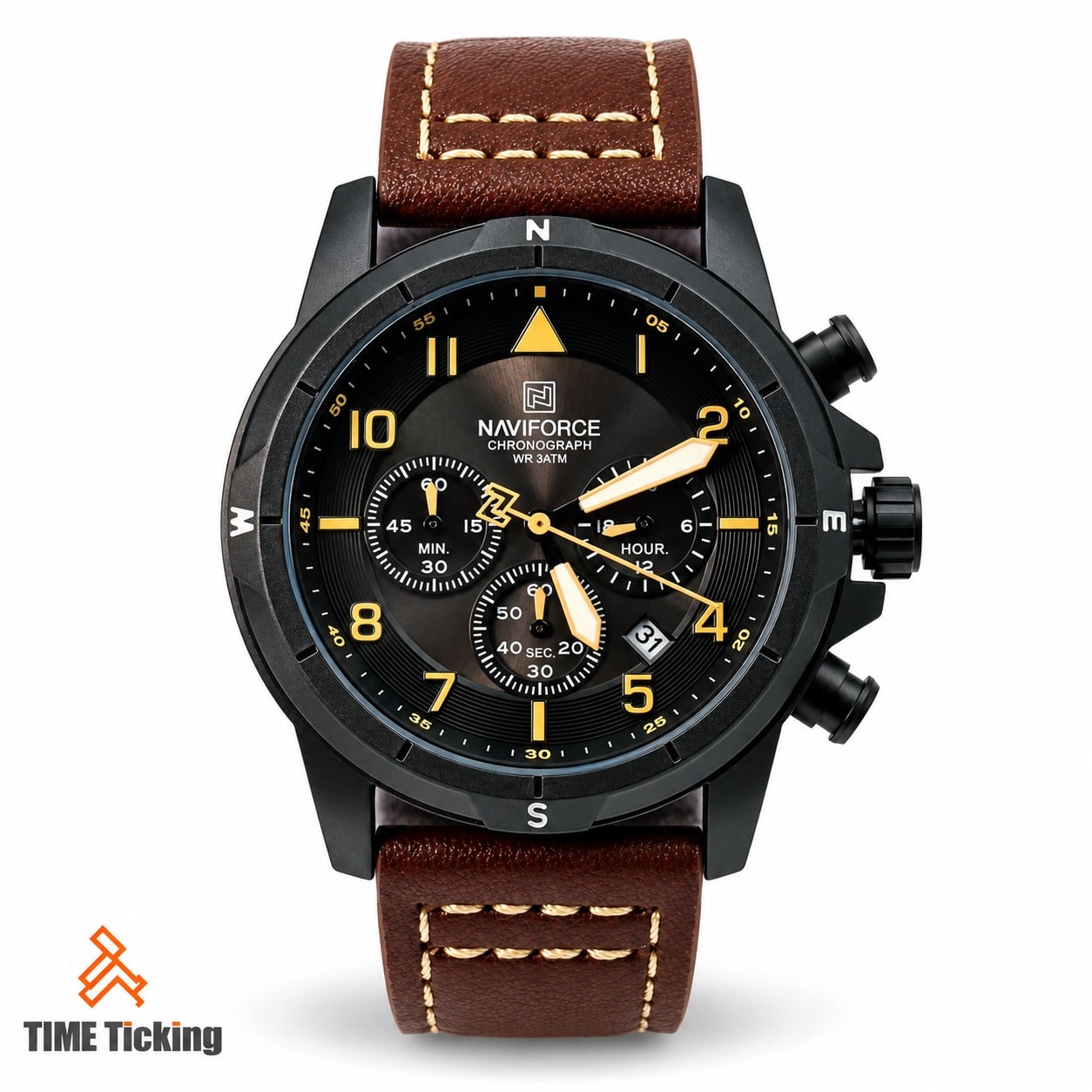 NAVIFORCE NF8077 men's chronograph watch featuring a black dial, gold-tone Arabic numerals and hands, black compass-style bezel, three subdials, date display, black case, and dark brown stitched leather-style strap.