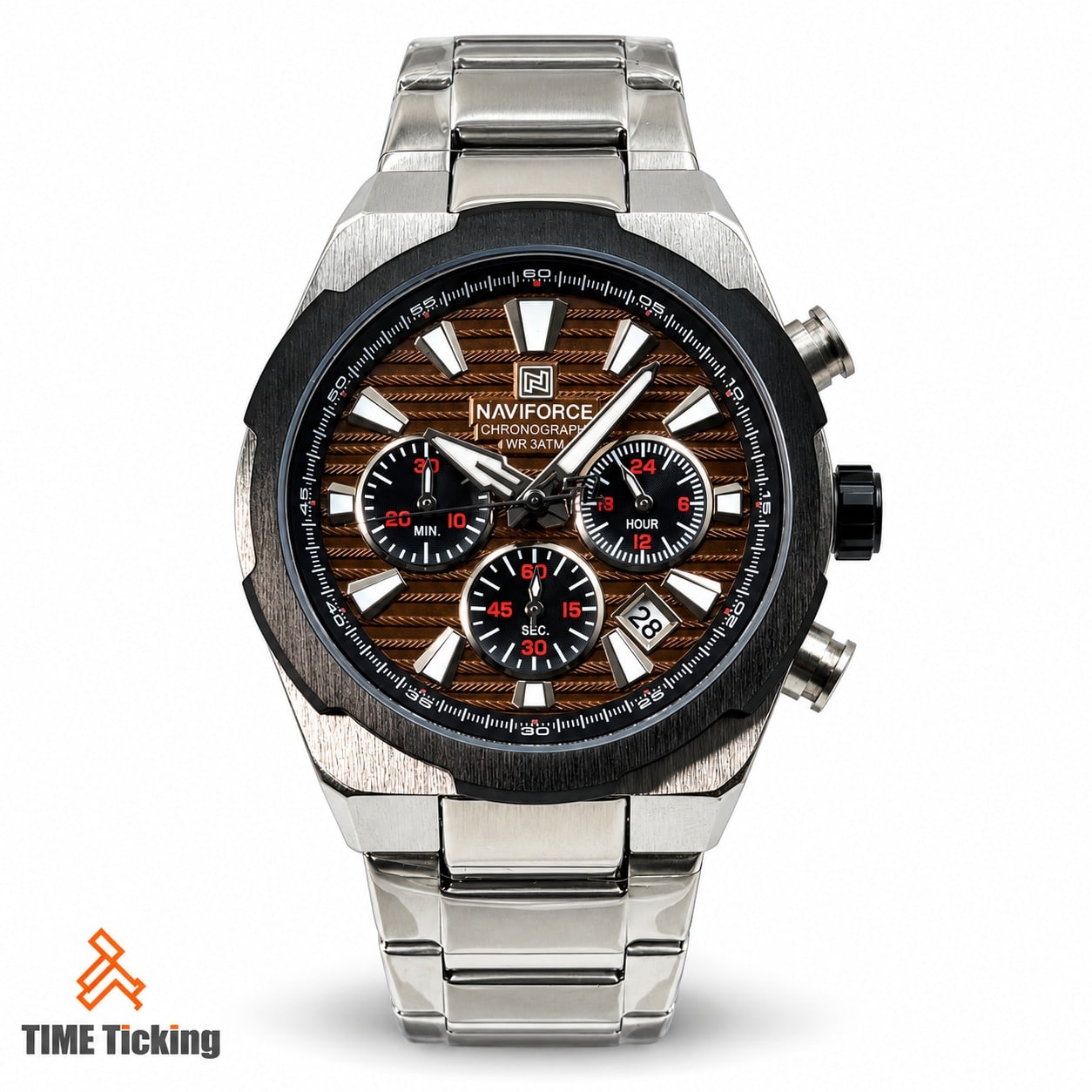 NAVIFORCE NF8081 men's silver-tone watch featuring a brown textured dial, three black subdials with red markings, luminous-style hour markers, date display, and a stainless steel bracelet.