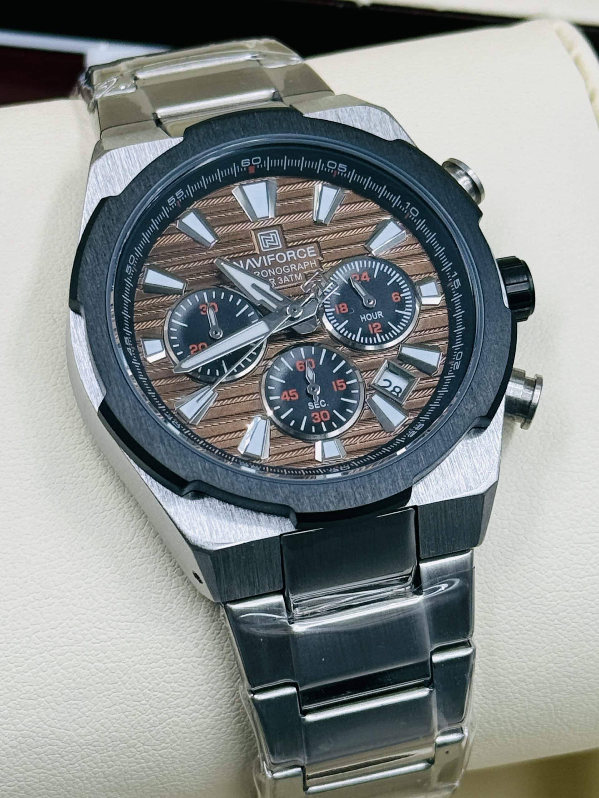NAVIFORCE NF8081 Men's Silver Watch with Brown Textured Dial & Chronograph | Time Ticking - Image 2
