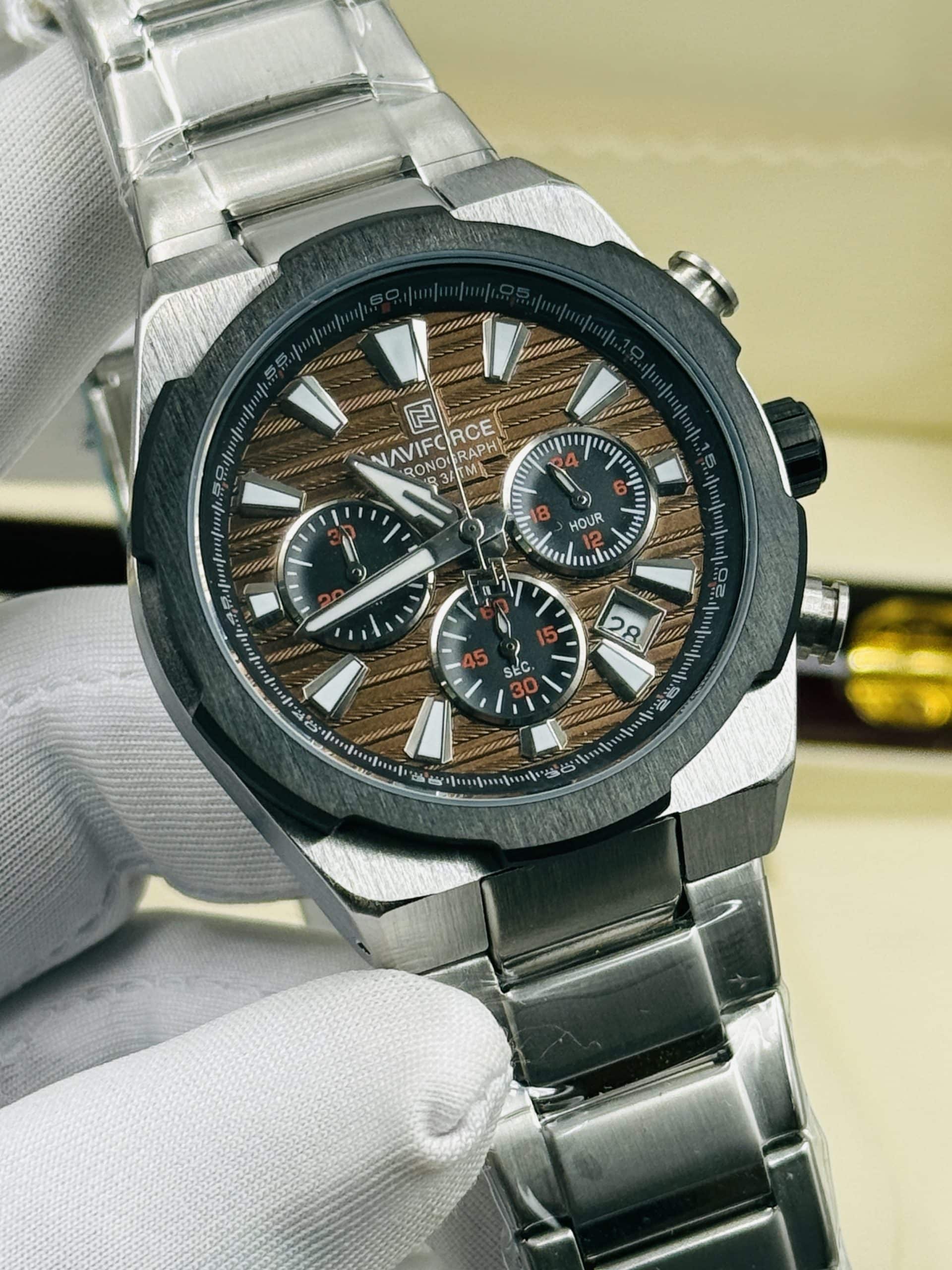 NAVIFORCE NF8081 Men's Silver Watch with Brown Textured Dial & Chronograph | Time Ticking - Image 3