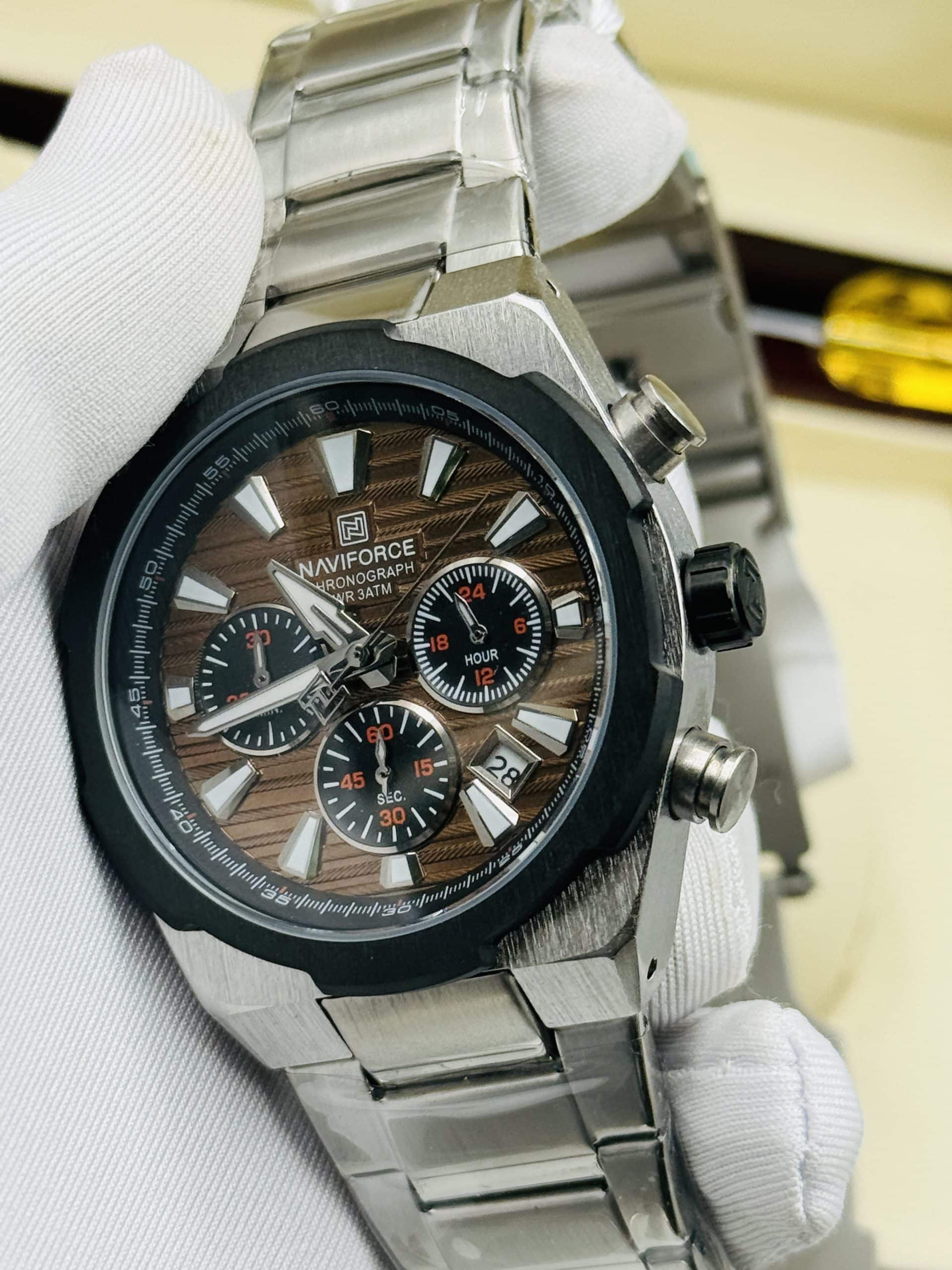 NAVIFORCE NF8081 Men's Silver Watch with Brown Textured Dial & Chronograph | Time Ticking - Image 4