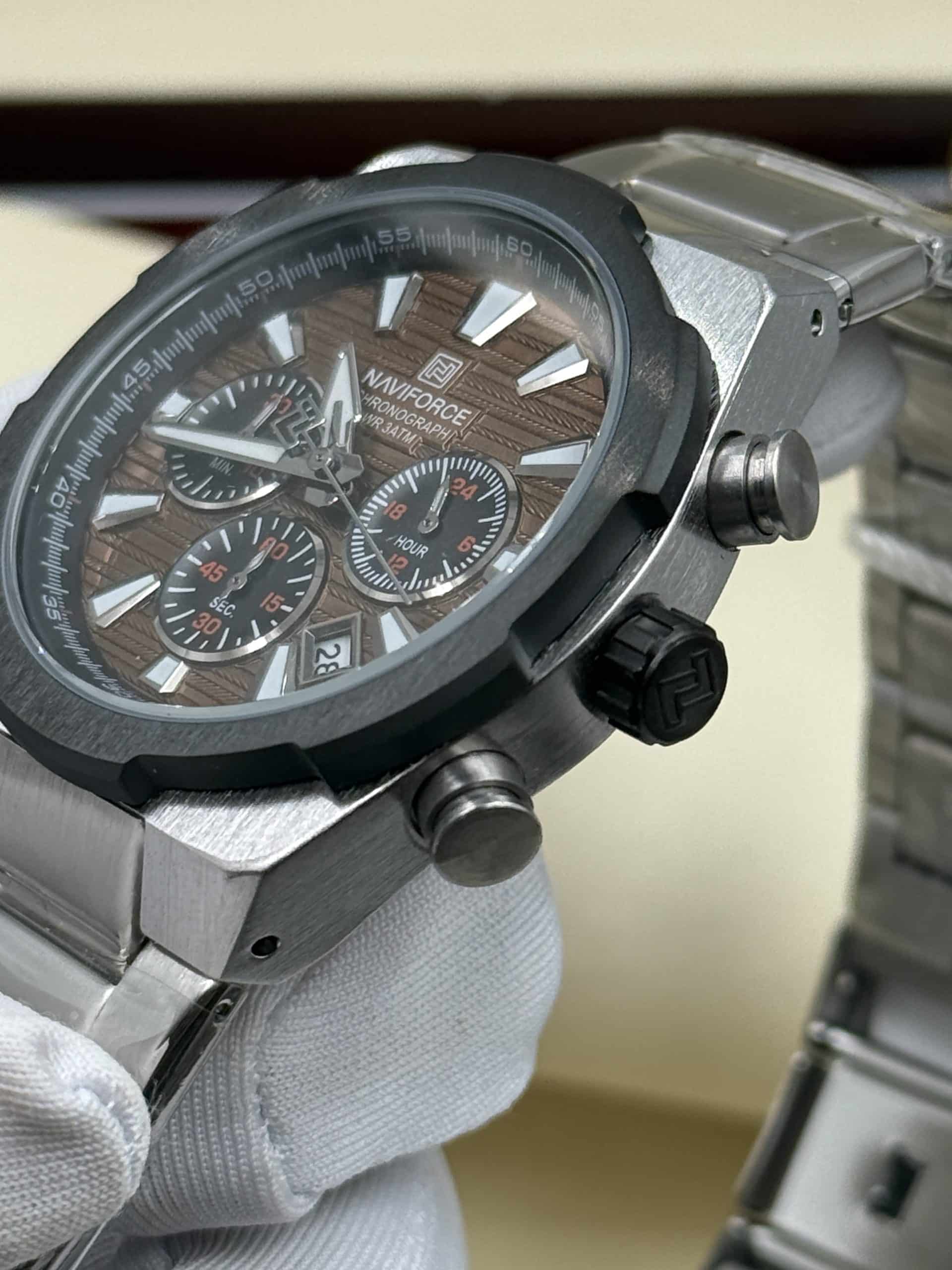 NAVIFORCE NF8081 Men's Silver Watch with Brown Textured Dial & Chronograph | Time Ticking - Image 5