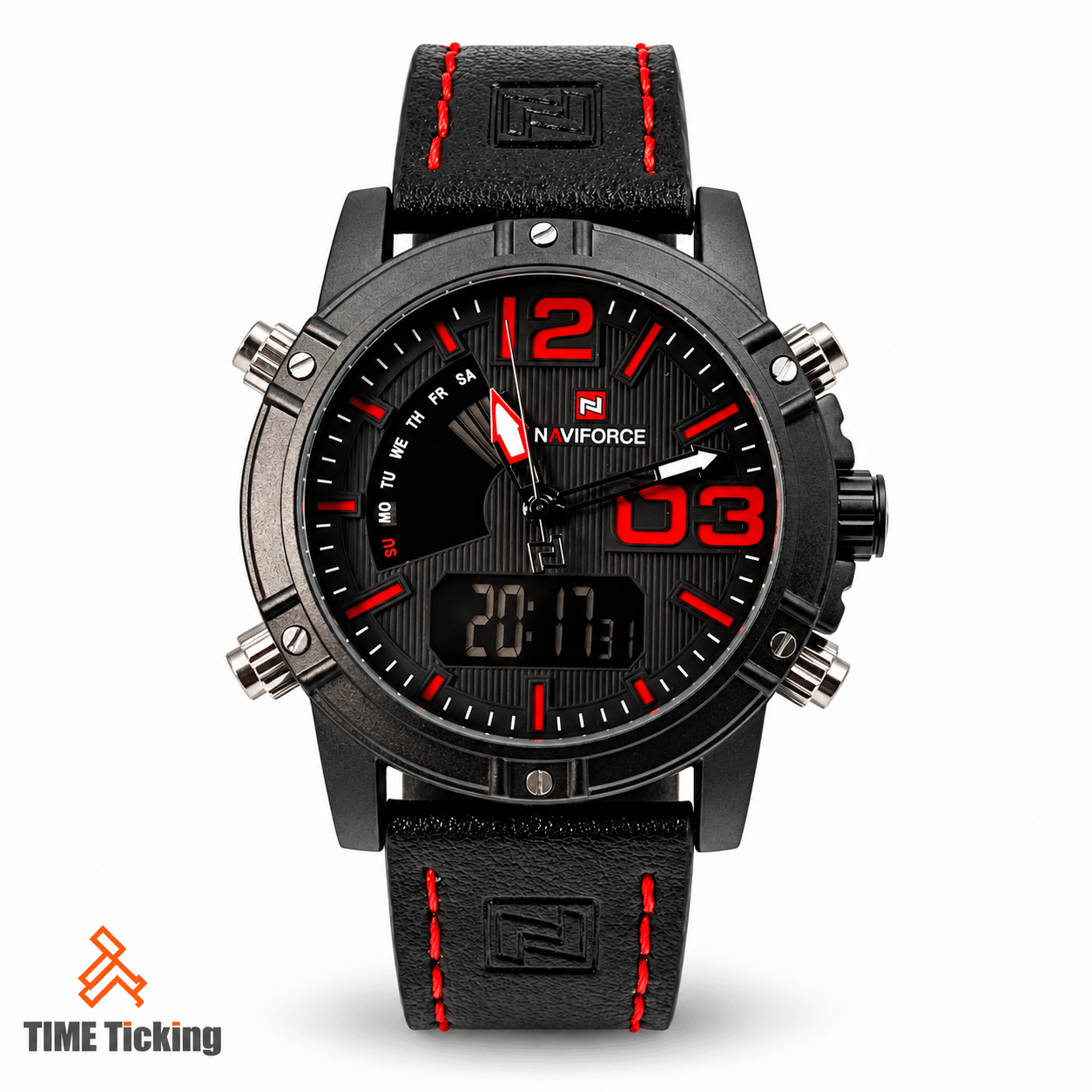 NAVIFORCE NF9095 men's black and red analog-digital sports watch with round dial, digital display, and black strap with red stitching.