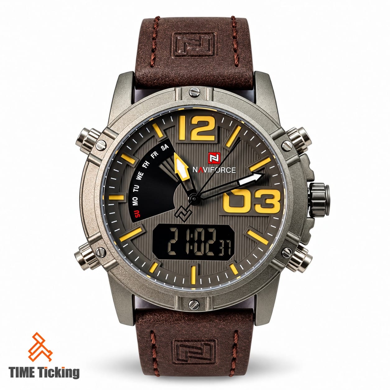 NAVIFORCE NF9095 men's sports watch featuring a grey dial, yellow Arabic numerals and hour markers, brown stitched leather strap, analog hands, digital display, and day indicator.