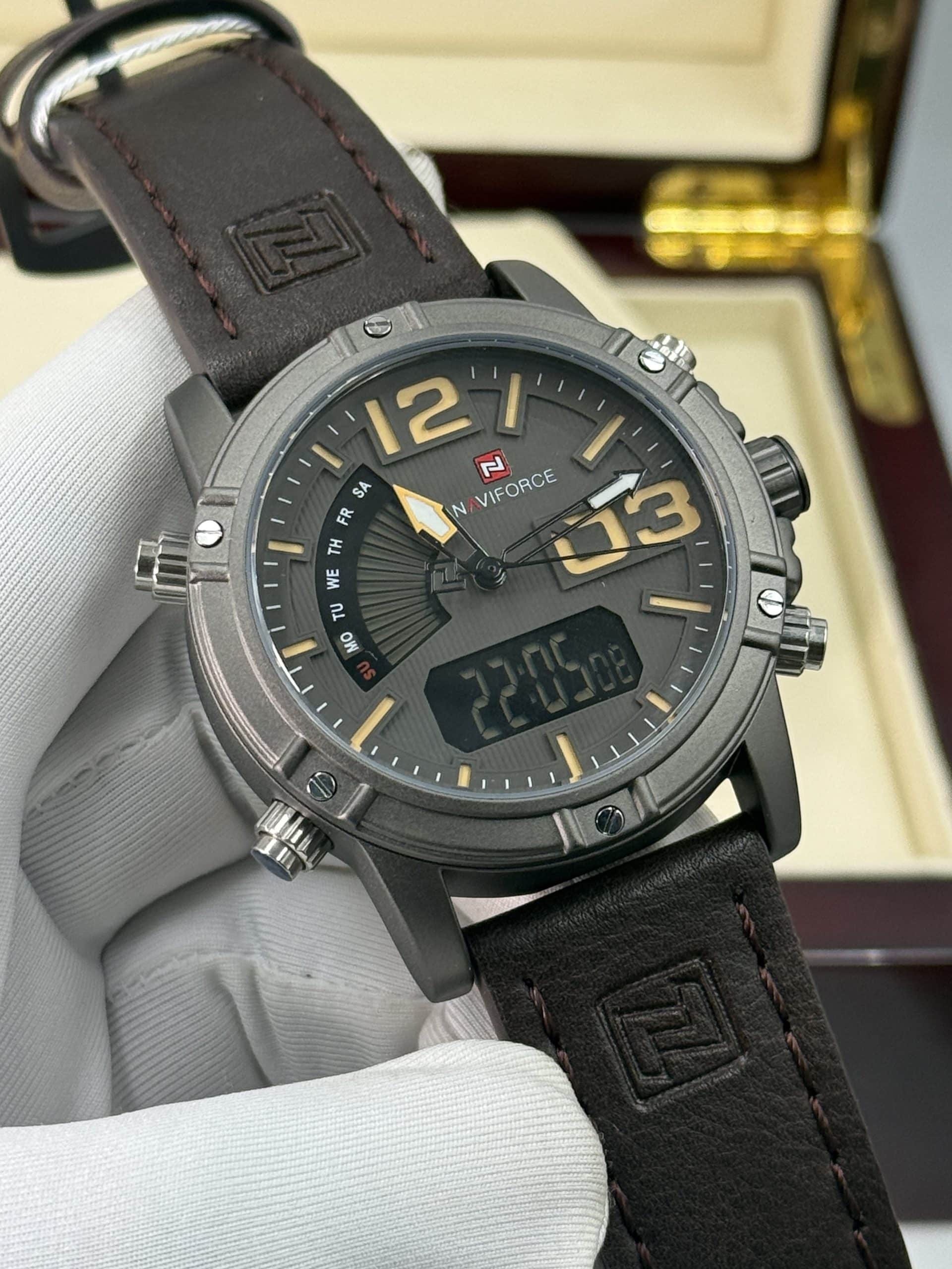NAVIFORCE NF9095 Men's Dual Display Watch with Brown Leather Strap & Digital Display | Time Ticking - Image 3