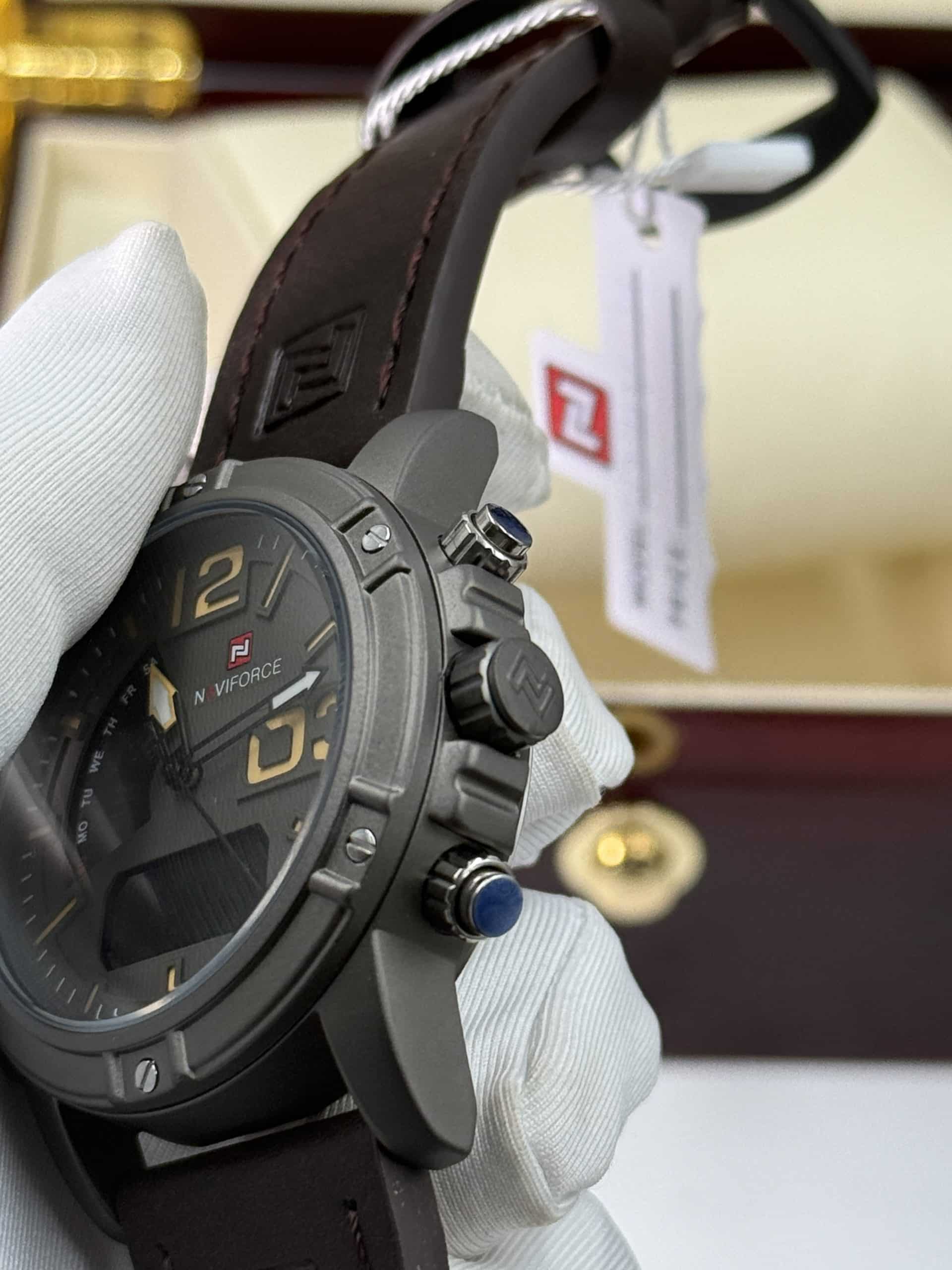 NAVIFORCE NF9095 Men's Dual Display Watch with Brown Leather Strap & Digital Display | Time Ticking - Image 4