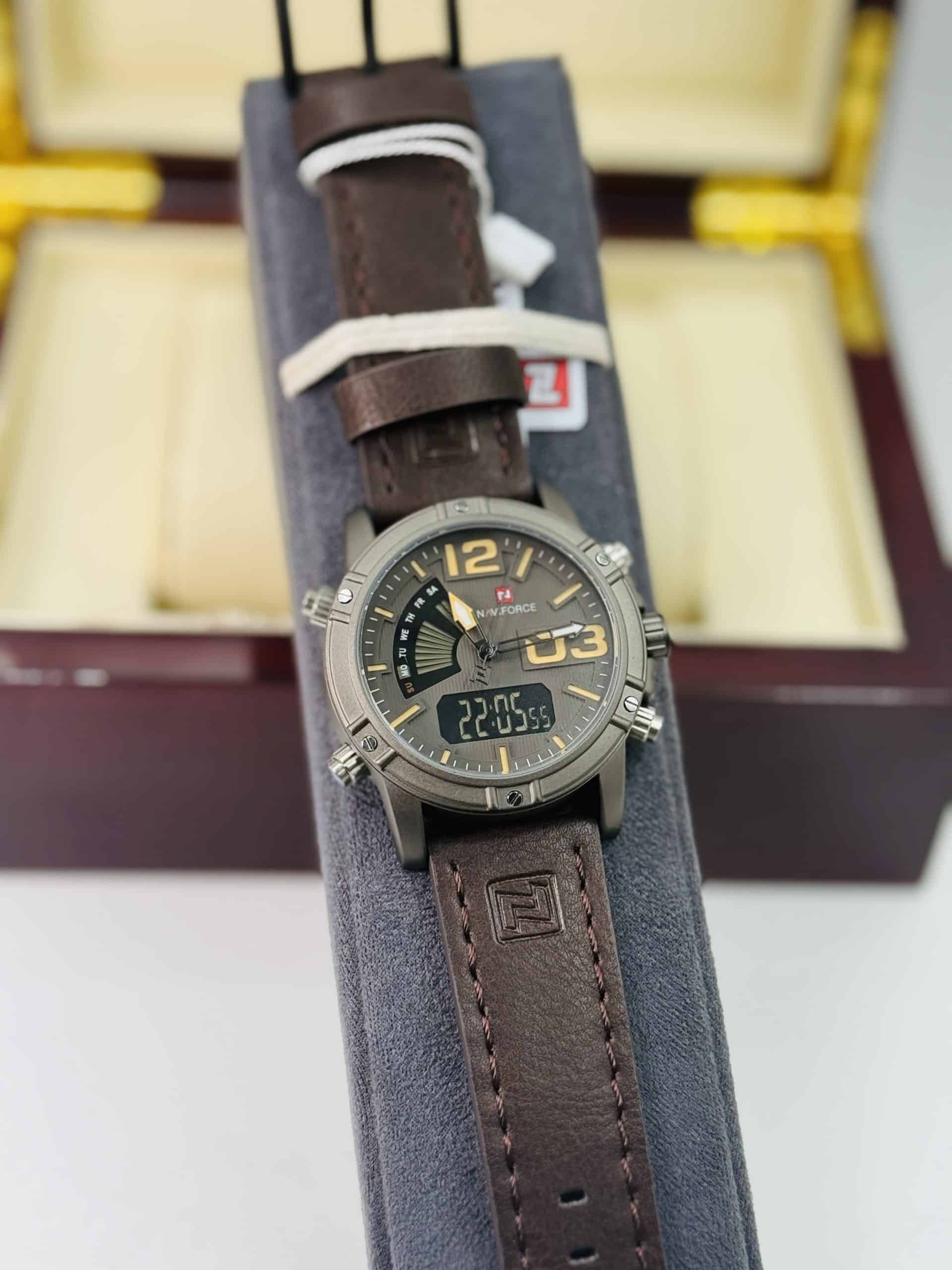 NAVIFORCE NF9095 Men's Dual Display Watch with Brown Leather Strap & Digital Display | Time Ticking - Image 2