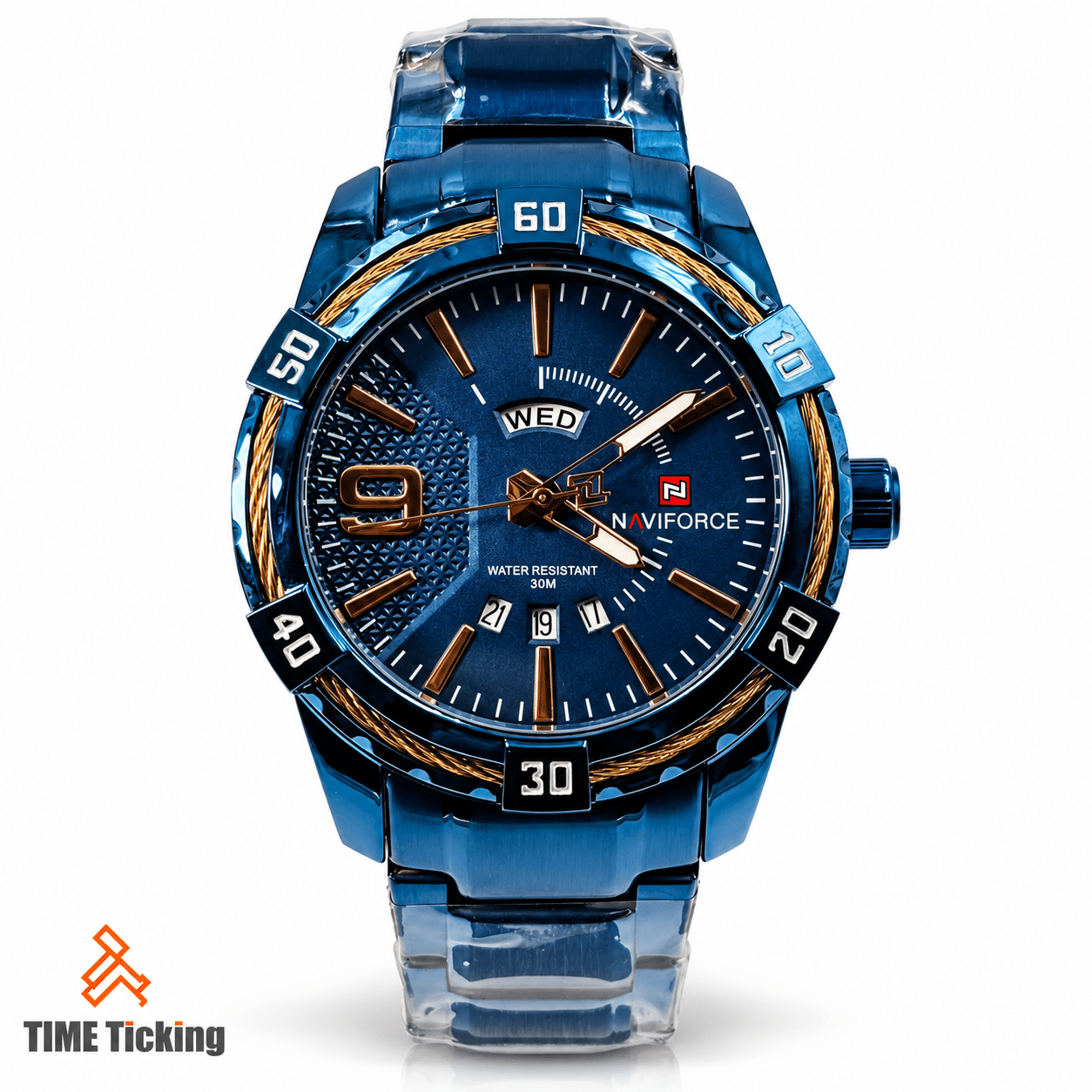 NAVIFORCE NF9117 Blue Gold men's watch featuring a dark blue textured dial, gold-tone hour markers, blue bezel and matching metal bracelet.