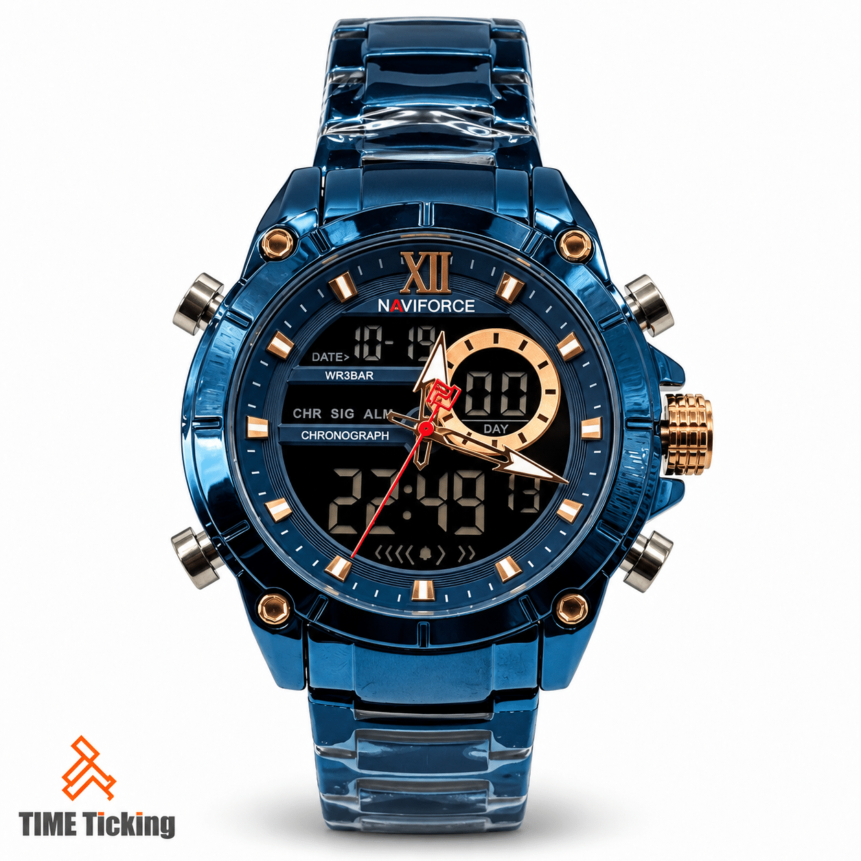 NAVIFORCE NF9163 men's blue analog-digital watch with blue metal bracelet, dark dual-display dial, rose-gold-tone accents and multifunction buttons.