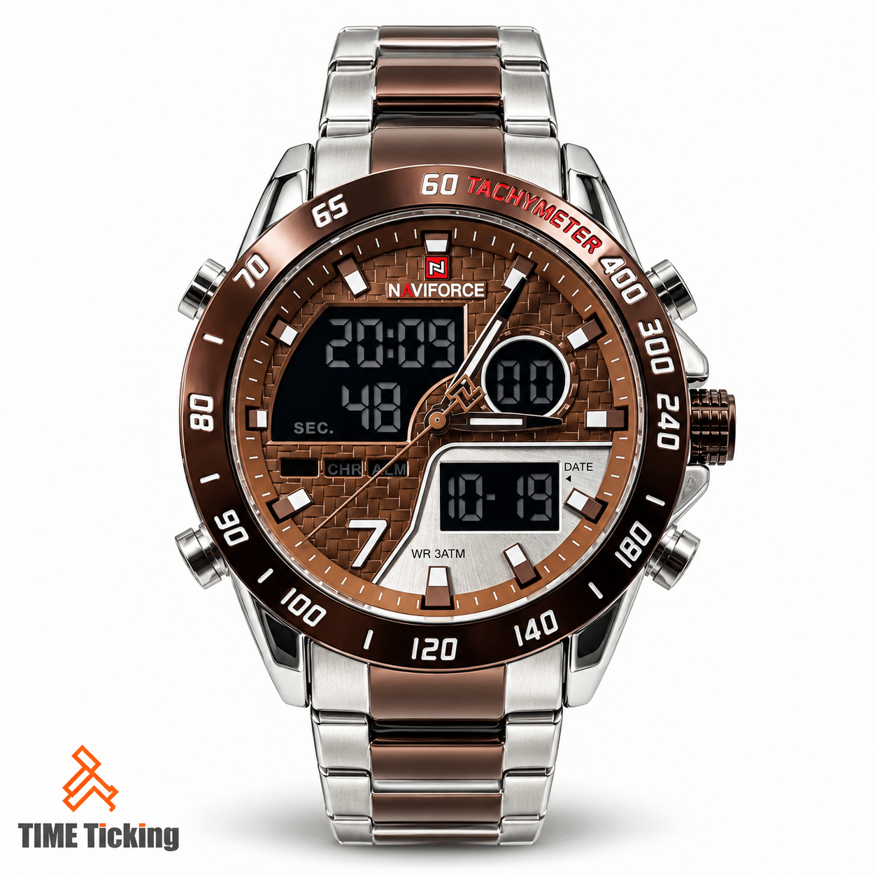 NAVIFORCE NF9171 Silver Chocolate men's analog digital watch with brown textured dial, silver-tone stainless steel bracelet, tachymeter bezel and LCD display.