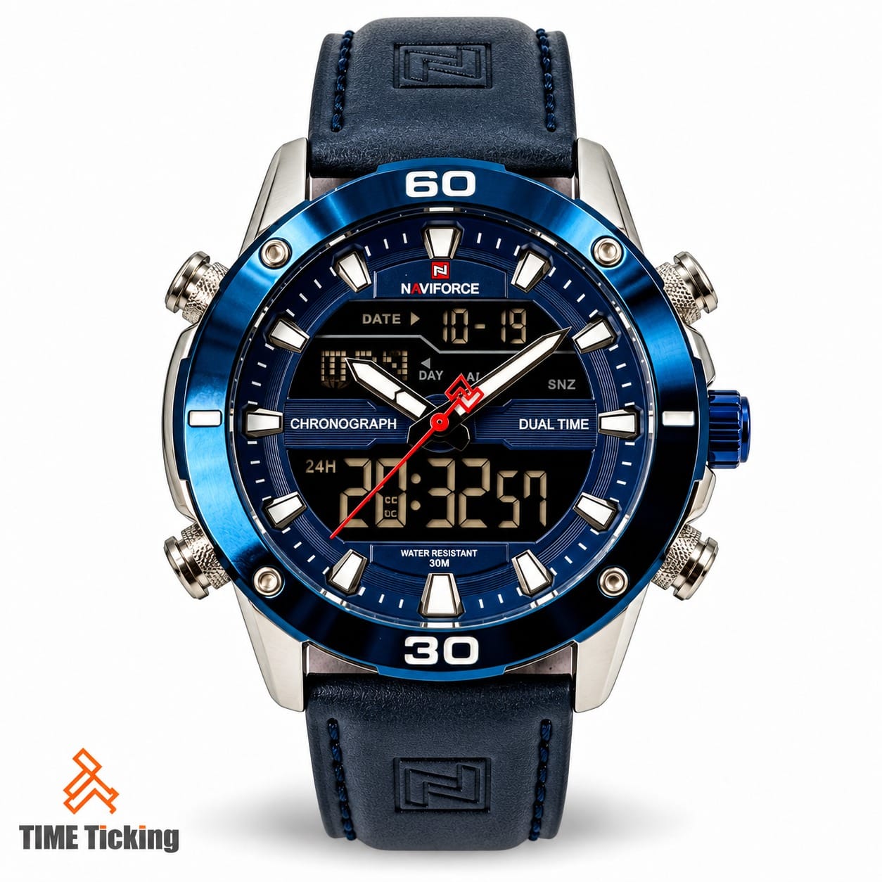 NAVIFORCE NF9181 men's analog-digital sports watch featuring a blue numbered bezel, dark blue dial, black digital displays, silver-tone case, red seconds hand, and dark navy stitched strap.
