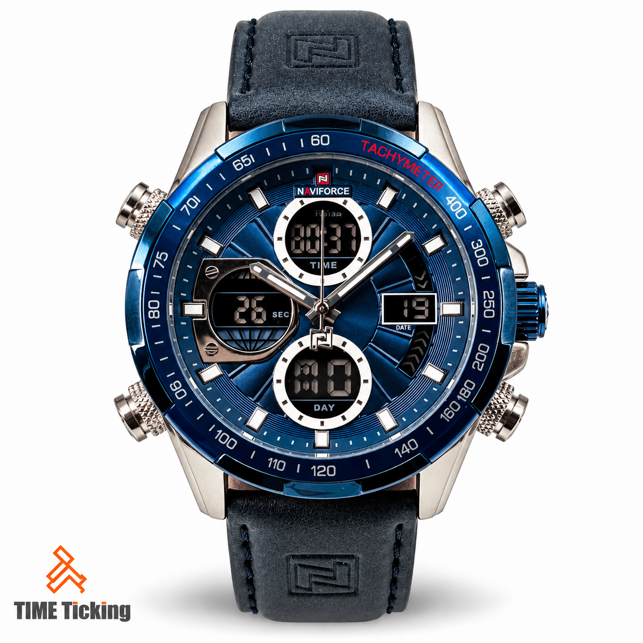 NAVIFORCE NF9197L men's blue analog-digital watch with blue tachymeter bezel, silver-tone case, multiple digital displays, and blue stitched strap.