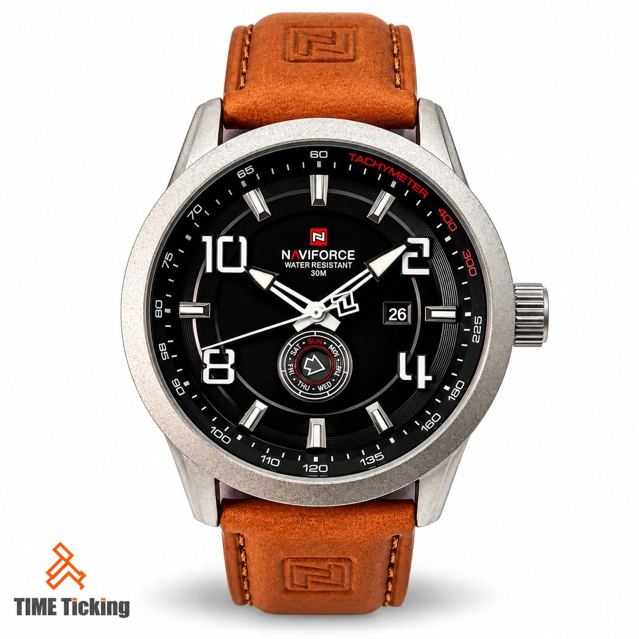 NAVIFORCE NF9229 men's watch featuring a black dial, silver-tone case, brown stitched strap, bold Arabic numerals, date window, and day-of-week indicator.