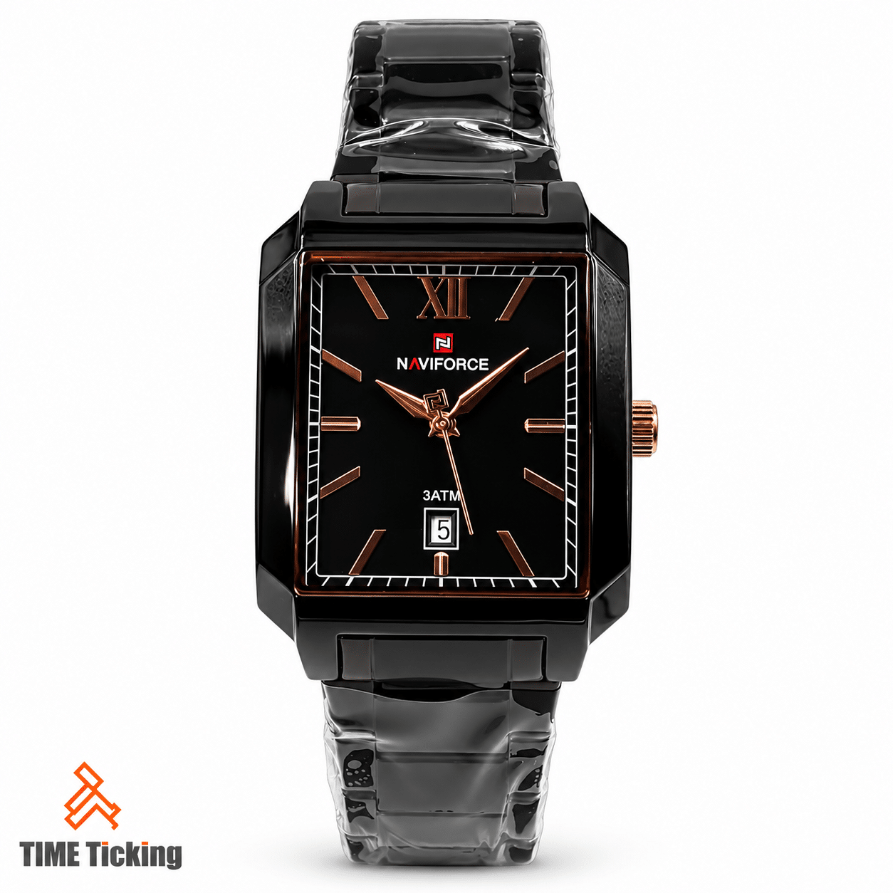 NAVIFORCE NF9251G men's black rectangular wristwatch with black metal bracelet, rose-gold-tone hands and date display.