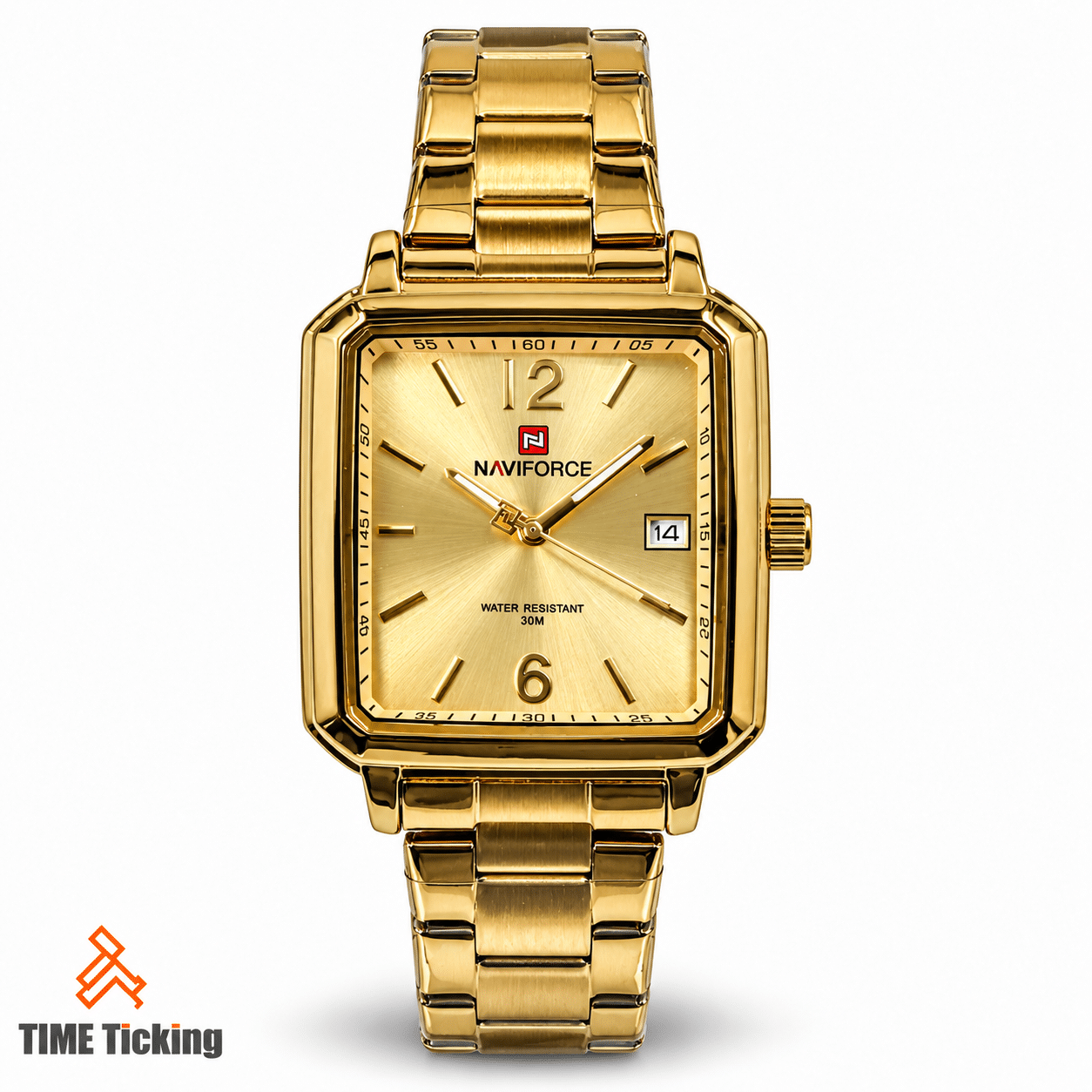 NAVIFORCE NF9252 men's gold-tone rectangular wristwatch with champagne sunray dial, matching metal bracelet, gold-tone hour markers and date window.