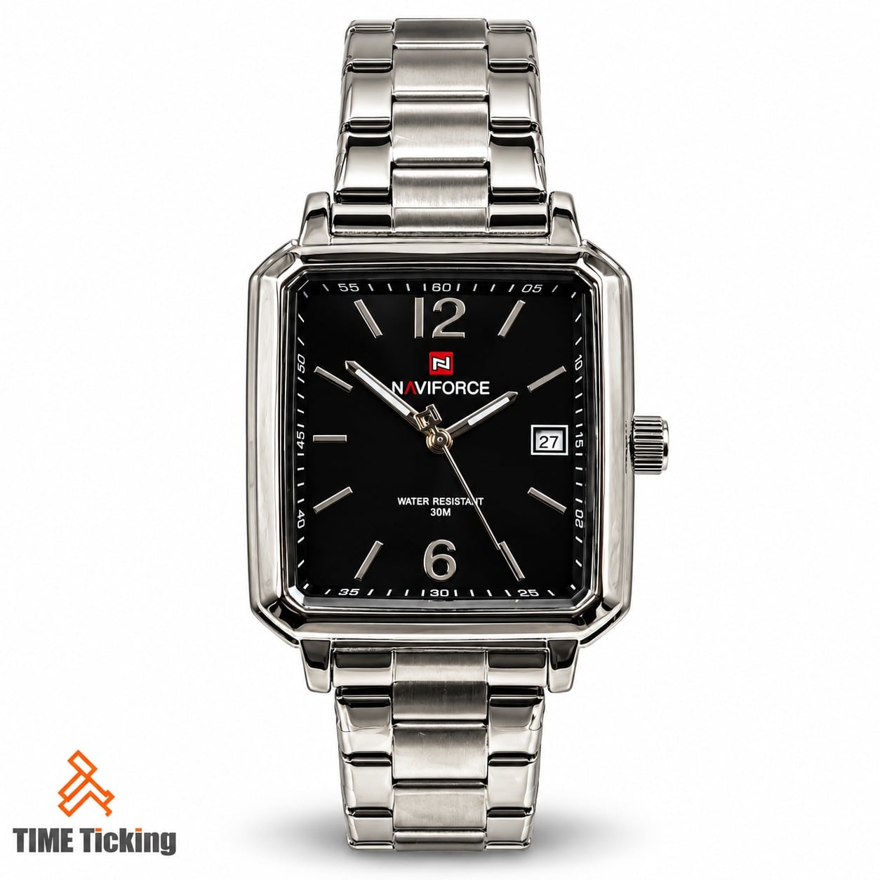 NAVIFORCE NF9251 men's silver-tone watch featuring a black square dial, silver-tone hour markers and hands, date window, and stainless steel bracelet.