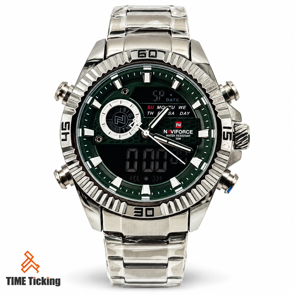 NAVIFORCE NF9262 men's silver-tone watch featuring a dark green analog-digital dial, digital time display, day indicator, rotating-style numbered bezel, and stainless steel bracelet.