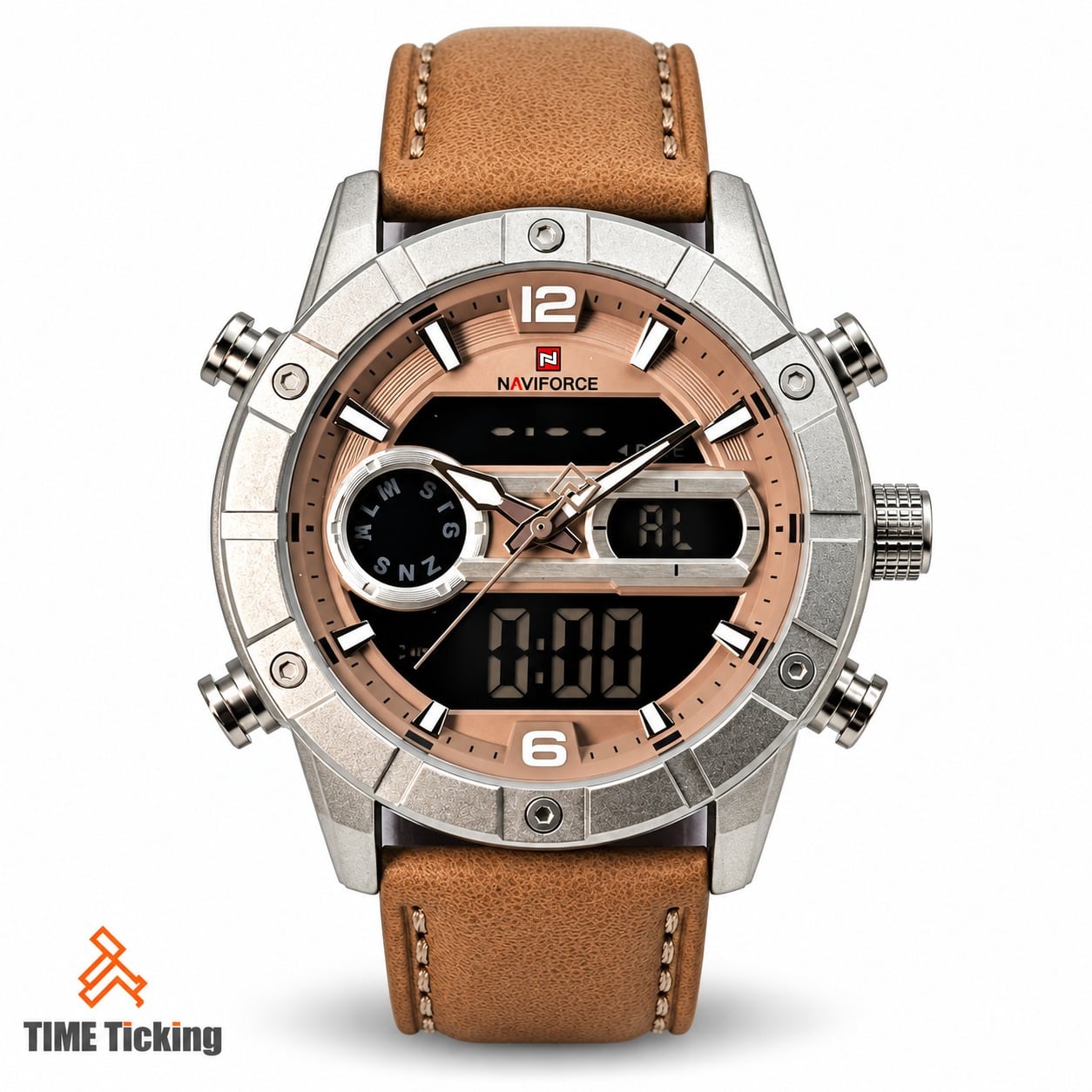 NAVIFORCE NF9263 men's analog-digital watch with a silver-tone rugged case, rose gold-tone dial, black digital displays, silver markers, and a tan brown stitched leather-style strap.