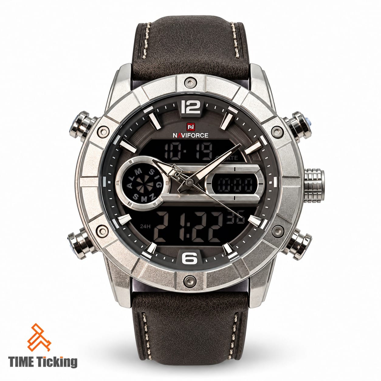 NAVIFORCE NF9263 men's analog-digital watch featuring a silver-tone rugged case, black multifunction dial, dual digital displays, luminous-style hands and markers, and a dark brown stitched strap.