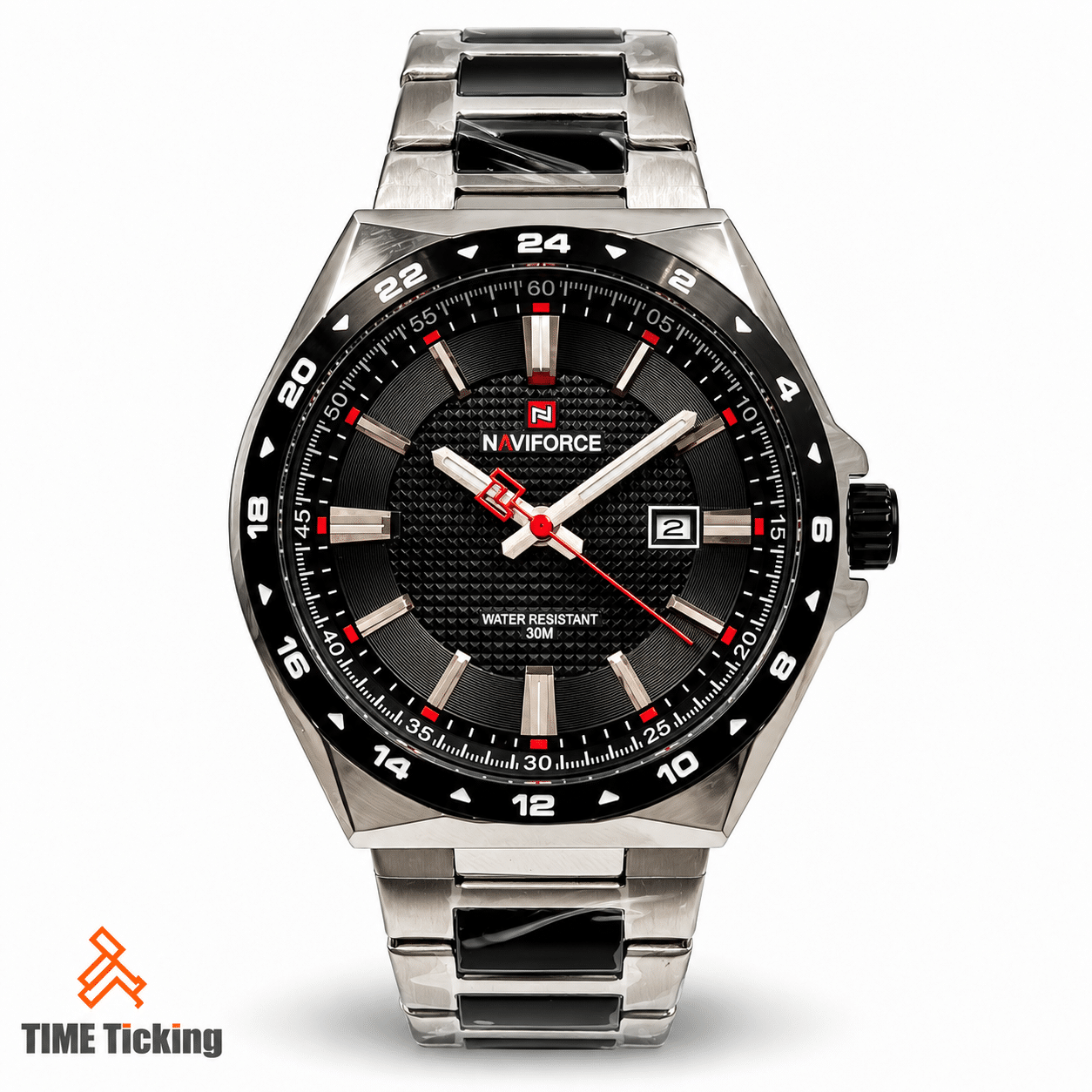 NAVIFORCE NF9266 men's silver and black wristwatch with textured black dial, red accents, silver metal bracelet, 24-hour bezel and date window.