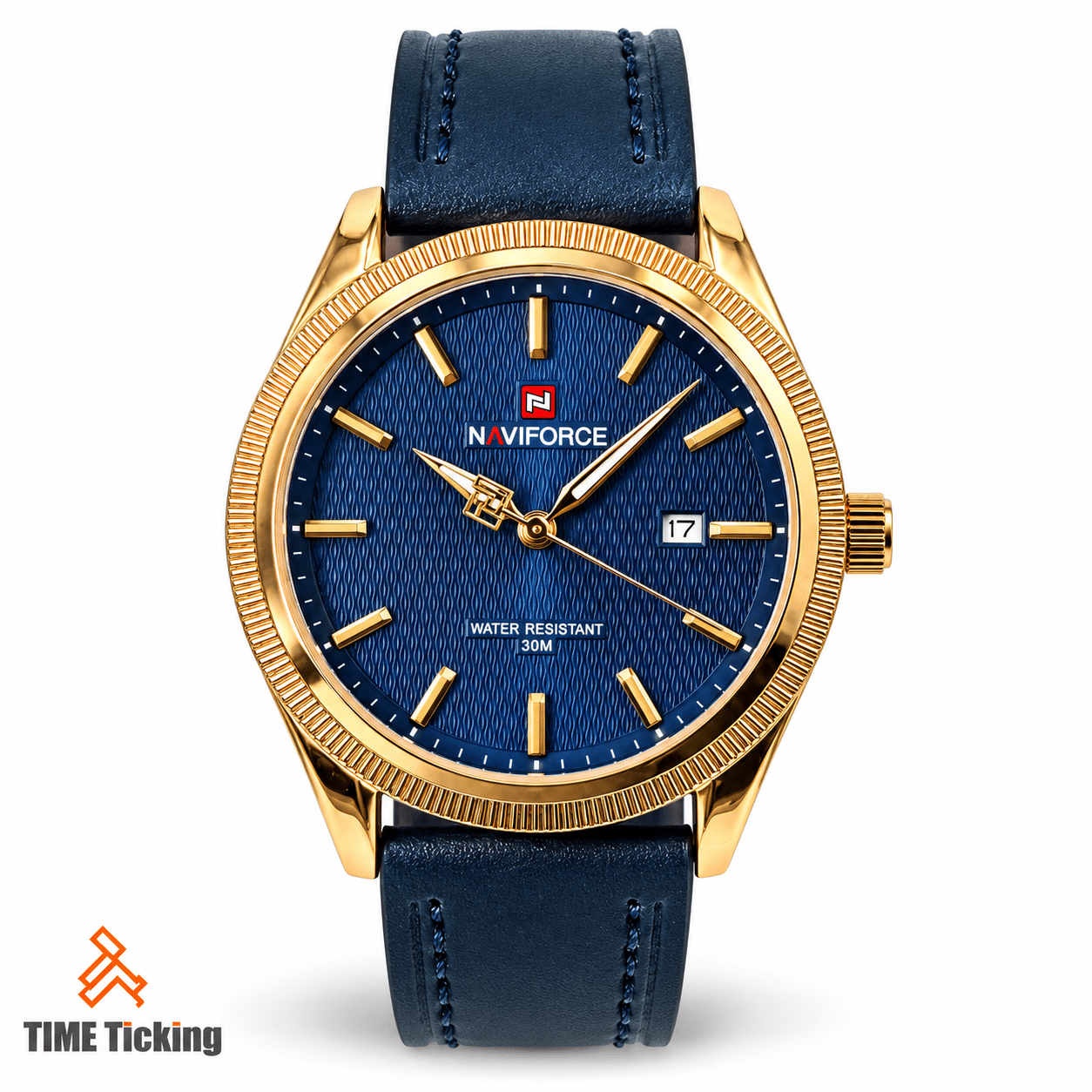 NAVIFORCE NF9276L men's watch with textured blue dial, gold-tone case and fluted bezel, blue stitched leather strap, and date display.